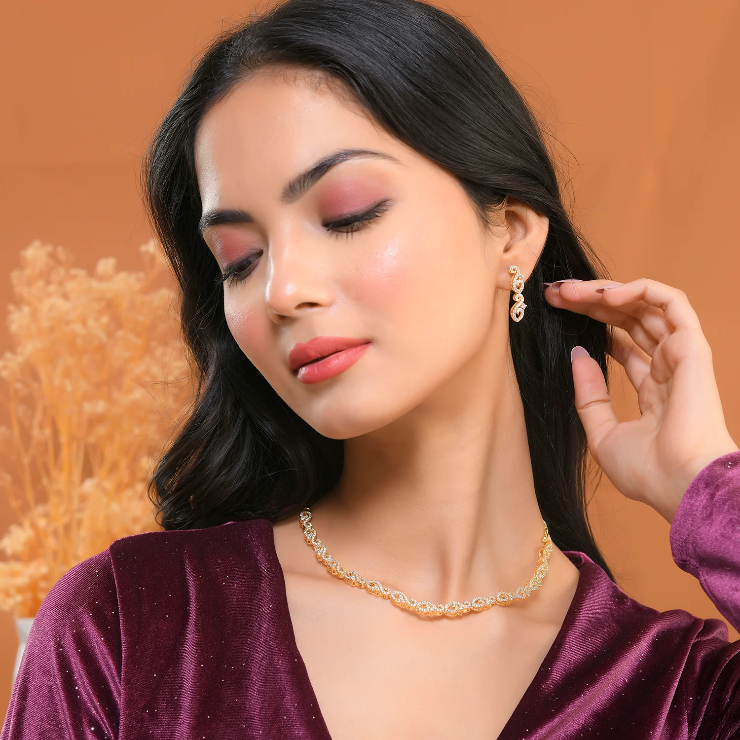 Sparkling Elegance Radiant Gold American Diamond Necklace Set - Image 2