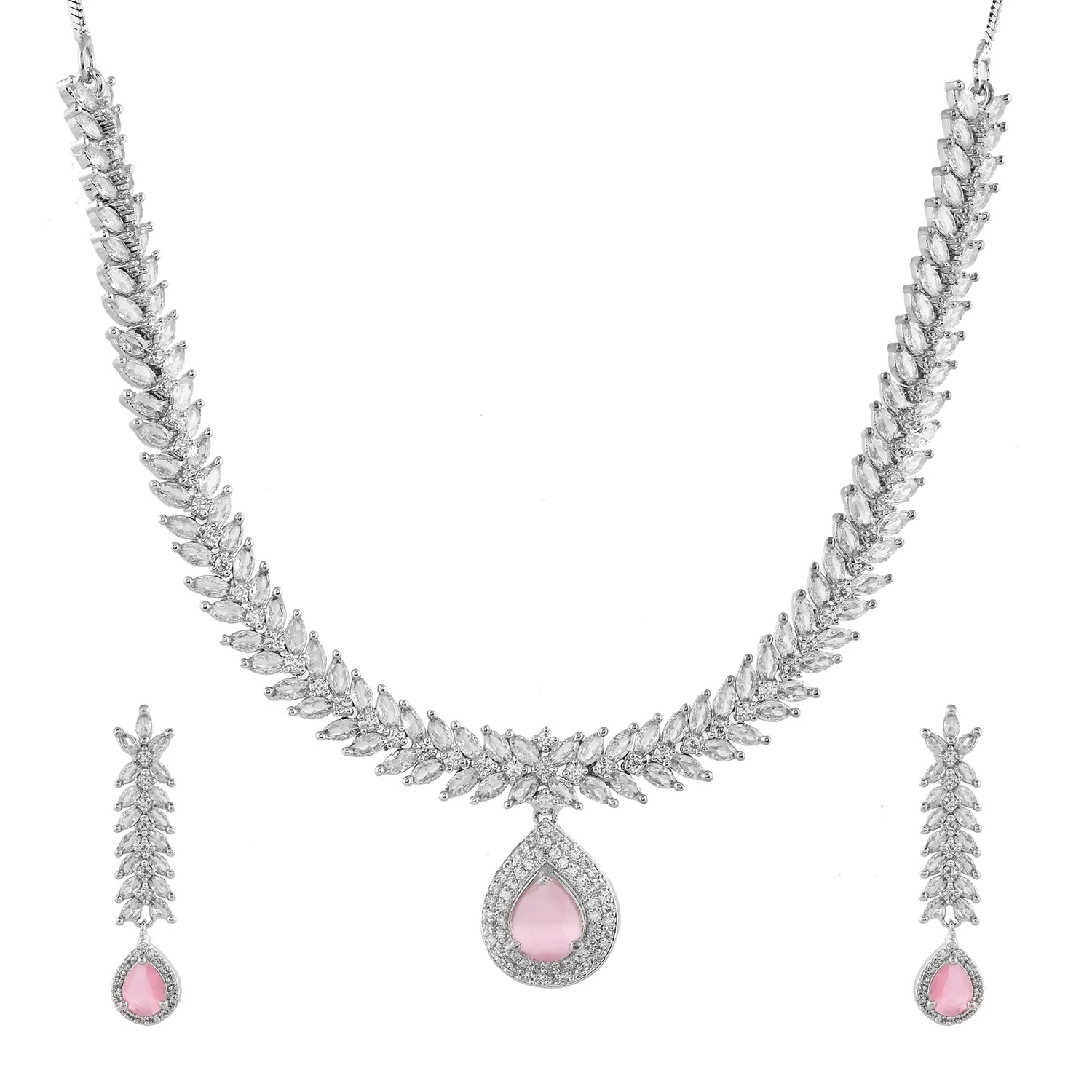 Sparkling Elegance Radiant Leaf Motif American Diamond Necklace Set - Image 3
