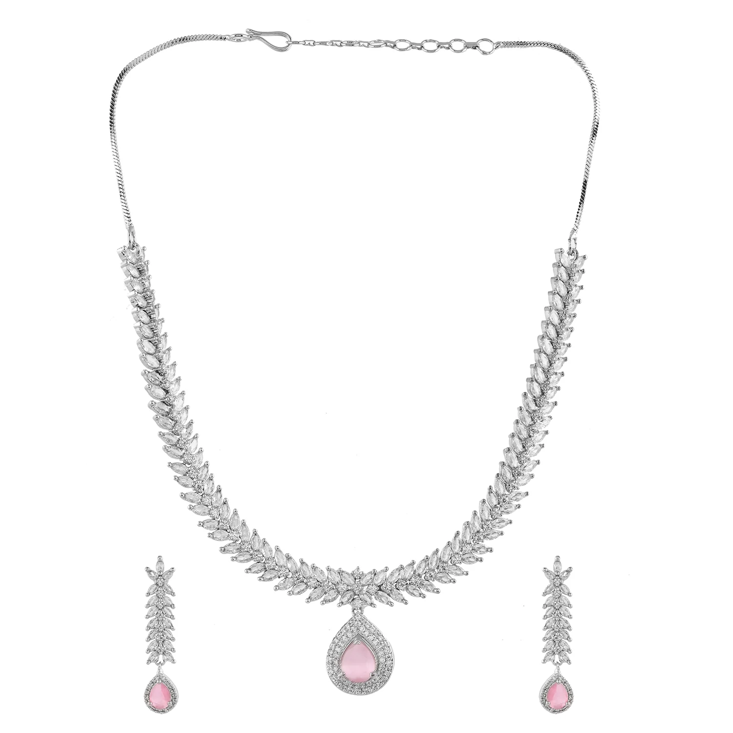 Sparkling Elegance Radiant Leaf Motif American Diamond Necklace Set - Image 4