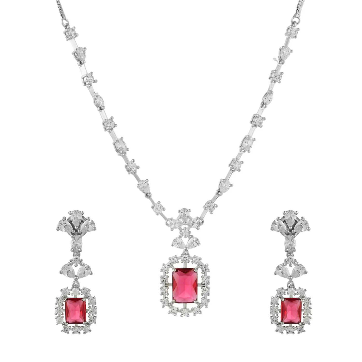 Sparkling Elegance Radiant Pink American Diamond Necklace Set - Image 3