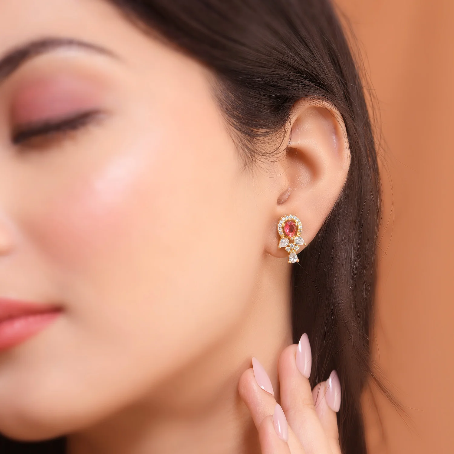 Sparkling Elegance Radiant Pink  American Diamond Studs Earrings - Image 2