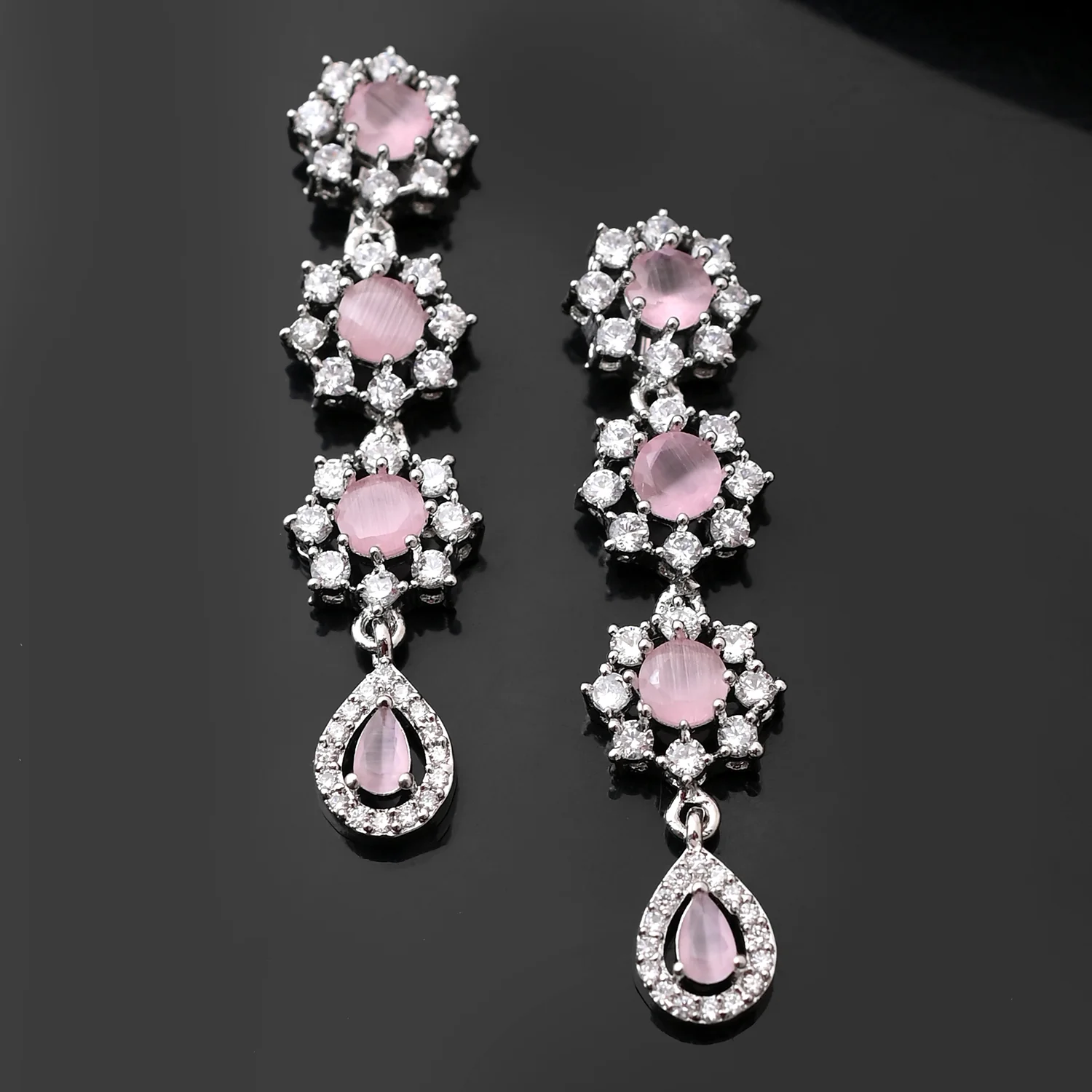 Sparkling Elegance Radiant Pink Petals American Diamond Dangler Earrings