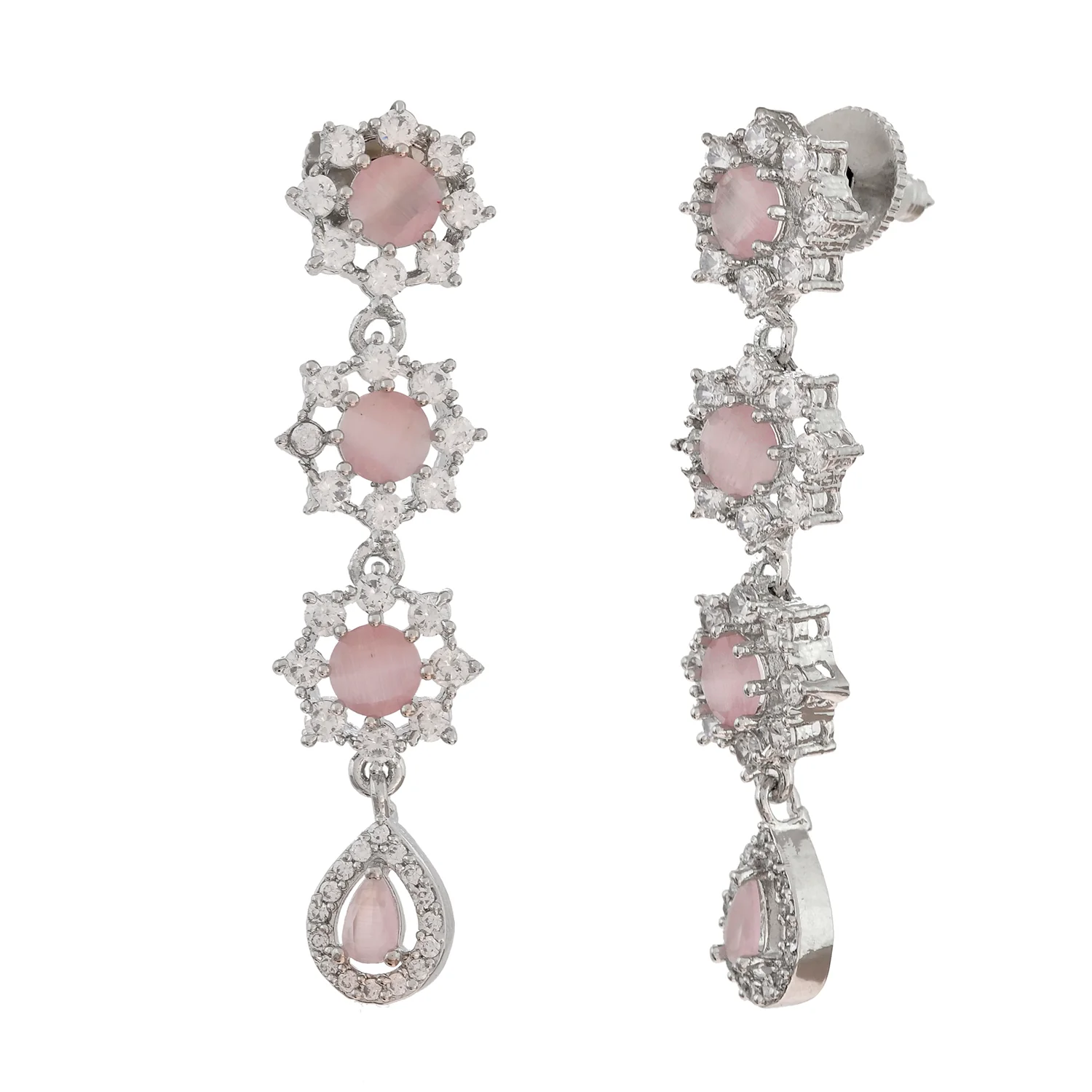 Sparkling Elegance Radiant Pink Petals American Diamond Dangler Earrings - Image 3