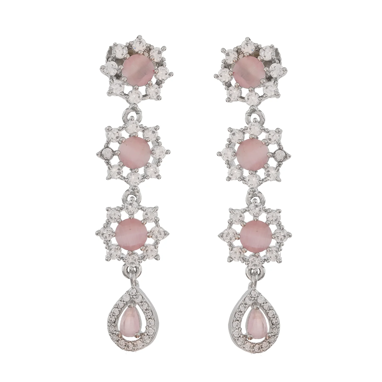 Sparkling Elegance Radiant Pink Petals American Diamond Dangler Earrings - Image 4