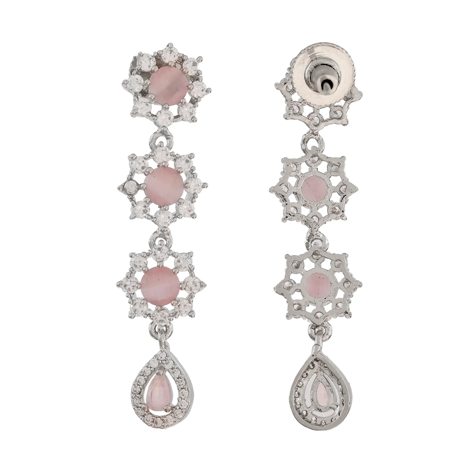 Sparkling Elegance Radiant Pink Petals American Diamond Dangler Earrings - Image 5