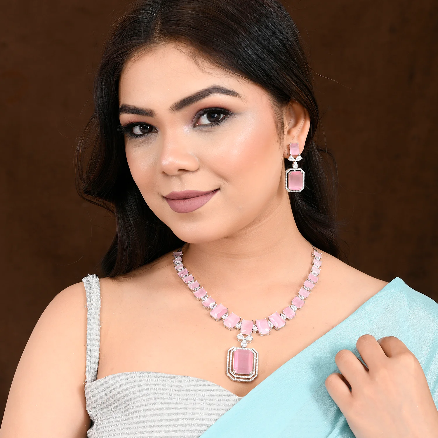 Sparkling Elegance Radiant Soft Pink American Diamond Necklace Set - Image 2