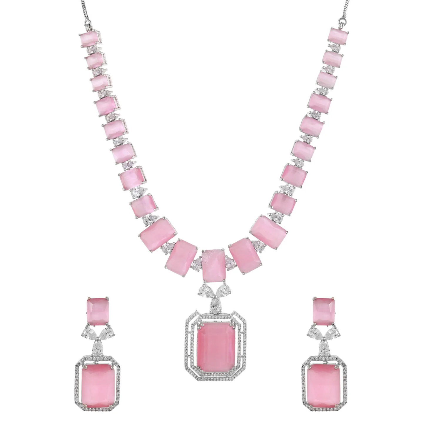 Sparkling Elegance Radiant Soft Pink American Diamond Necklace Set - Image 3