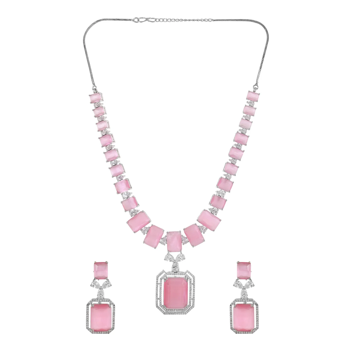 Sparkling Elegance Radiant Soft Pink American Diamond Necklace Set - Image 4
