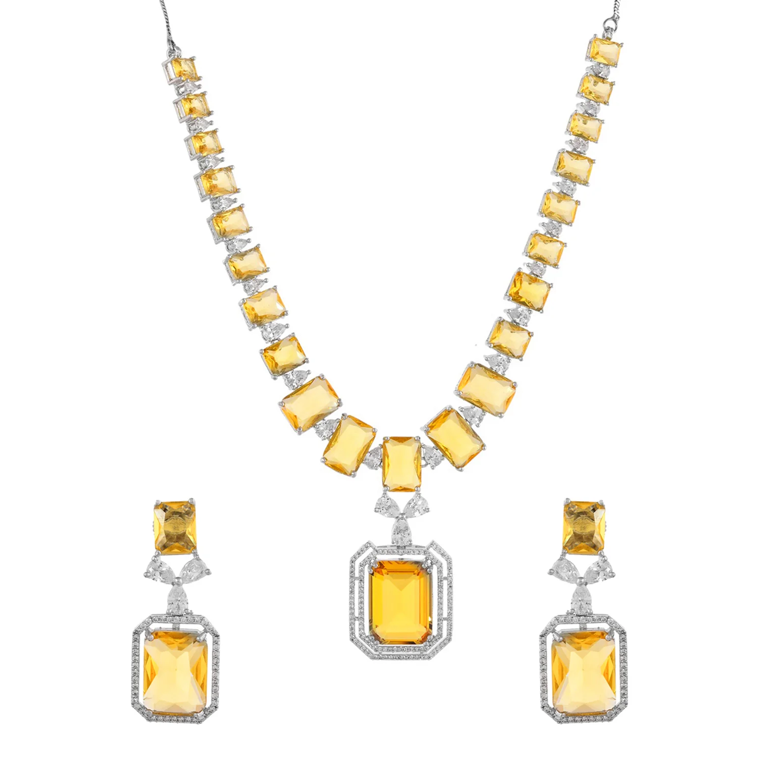 Sparkling Elegance Radiant Summer Yellow American Diamond Necklace Set - Image 3