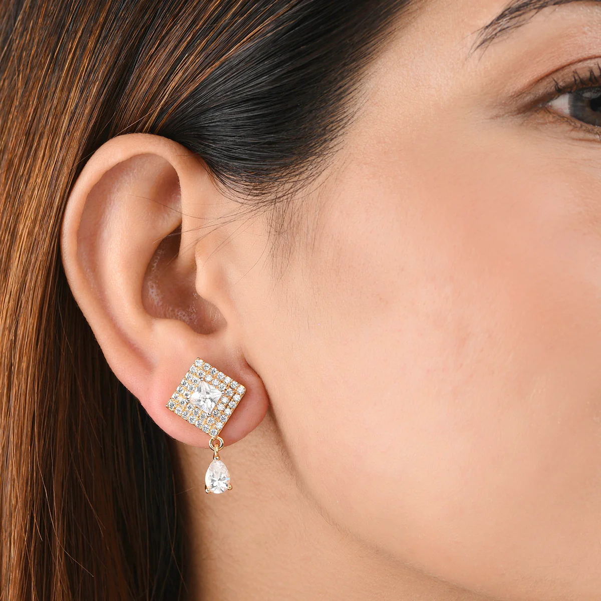 Sparkling Elegance Rectangle and Teardrop Zircons Adorned Gold Plated Brass Earrings - Image 2