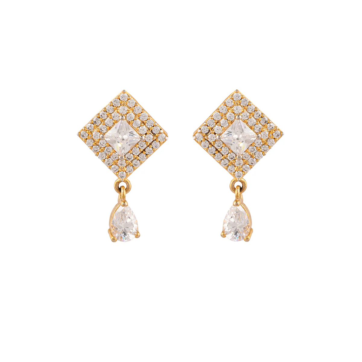 Sparkling Elegance Rectangle and Teardrop Zircons Adorned Gold Plated Brass Earrings - Image 3
