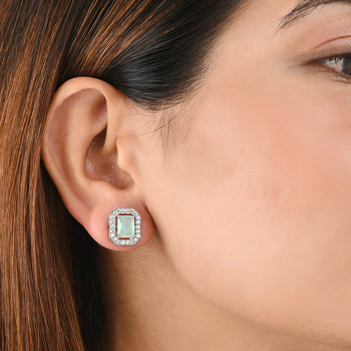 Sparkling Elegance Rectangle Cut Cluster Setting Brass Silver Plated Earrings - Image 2