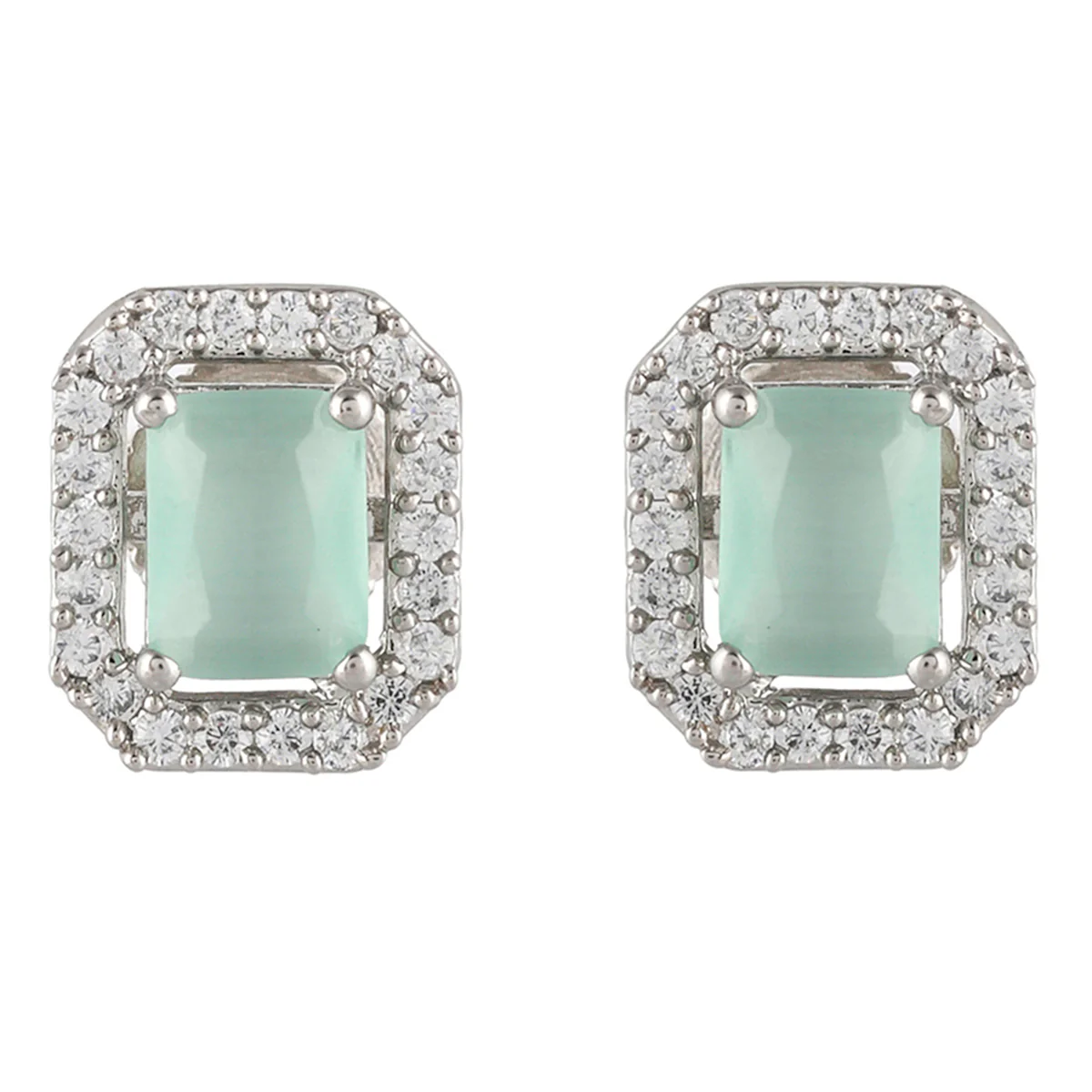 Sparkling Elegance Rectangle Cut Cluster Setting Brass Silver Plated Earrings - Image 3