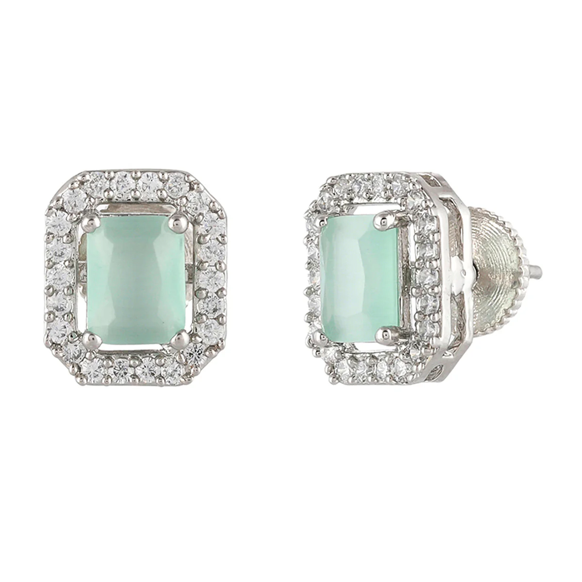 Sparkling Elegance Rectangle Cut Cluster Setting Brass Silver Plated Earrings - Image 4