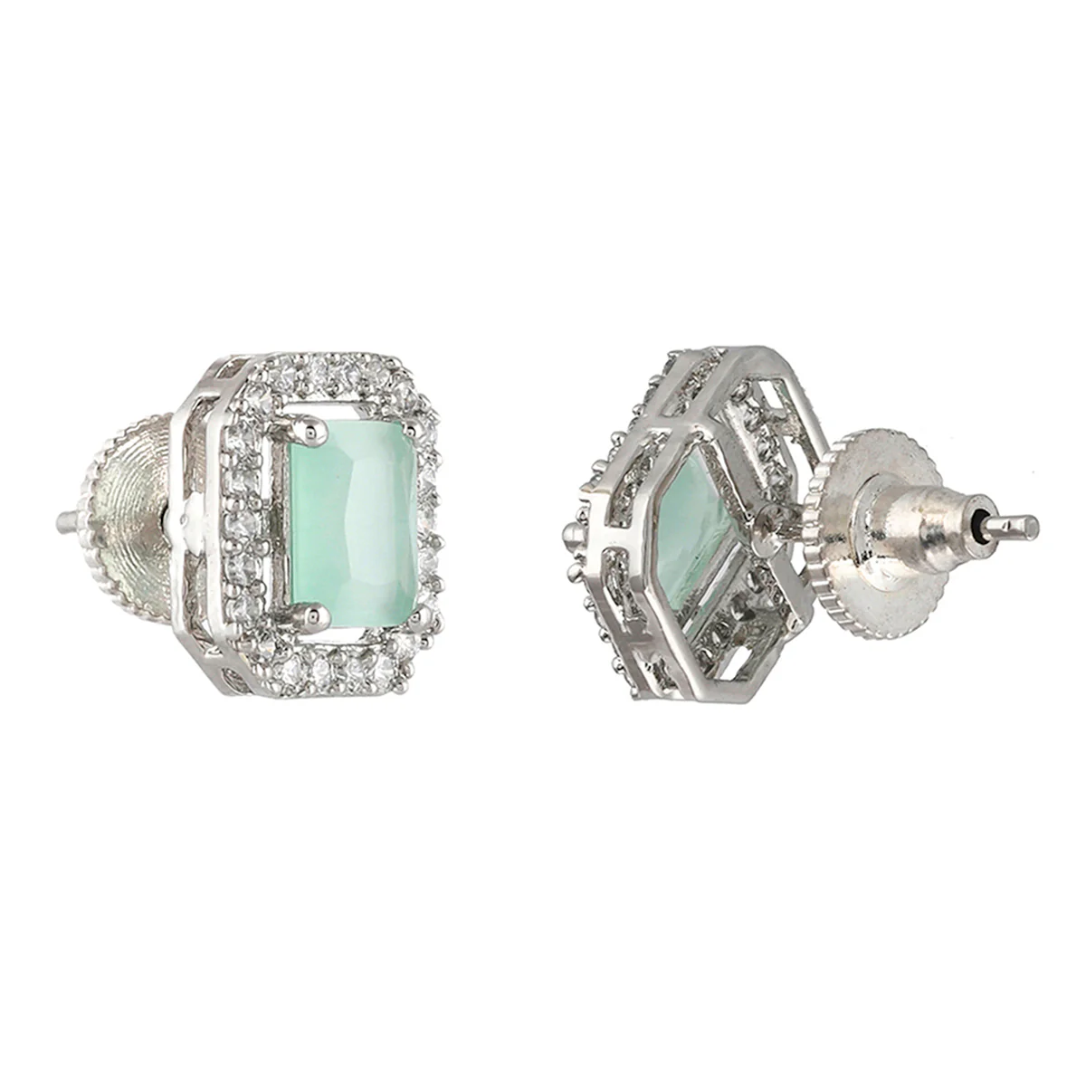 Sparkling Elegance Rectangle Cut Cluster Setting Brass Silver Plated Earrings - Image 5