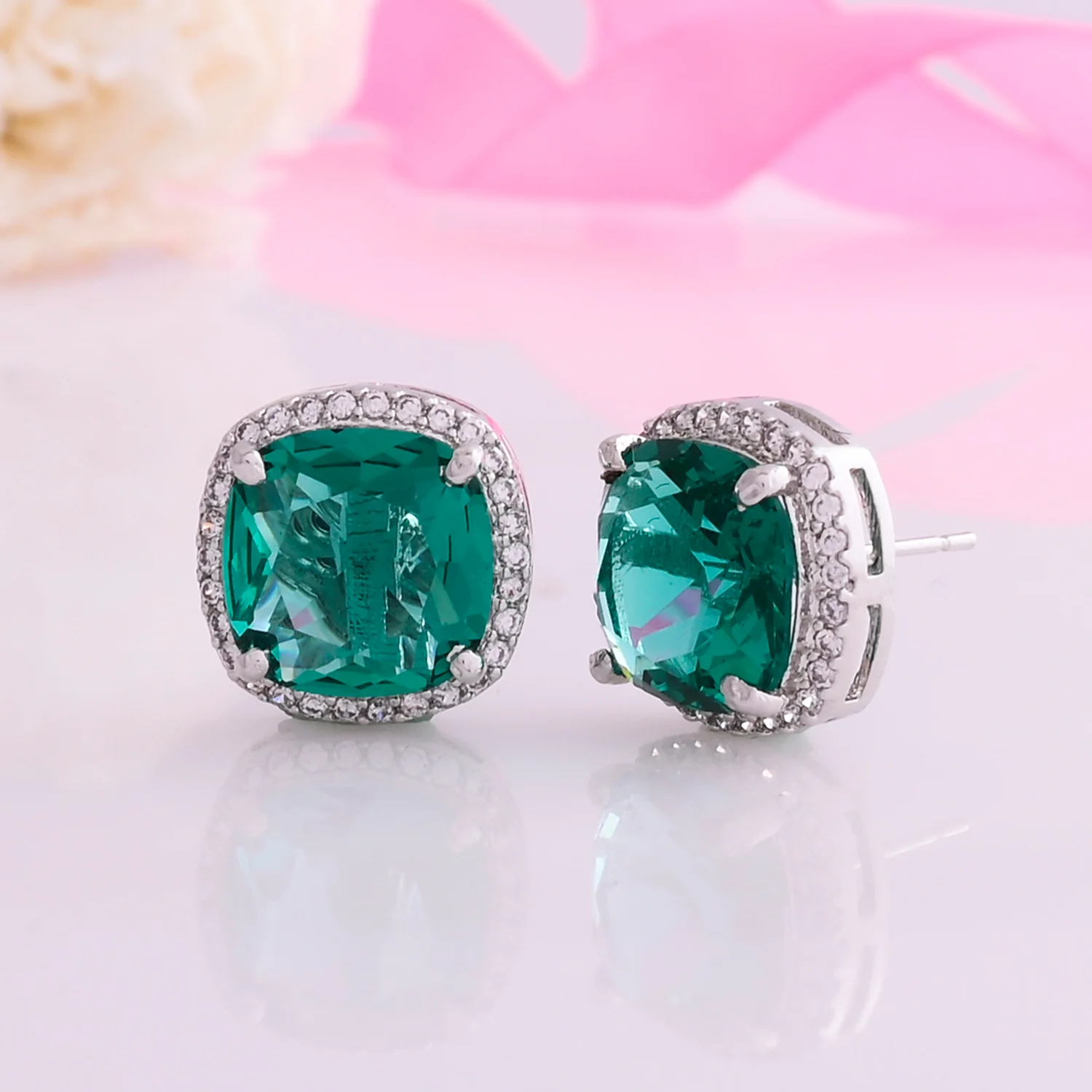 Sparkling Elegance Rectangle Cut Green Cz Stud Earrings