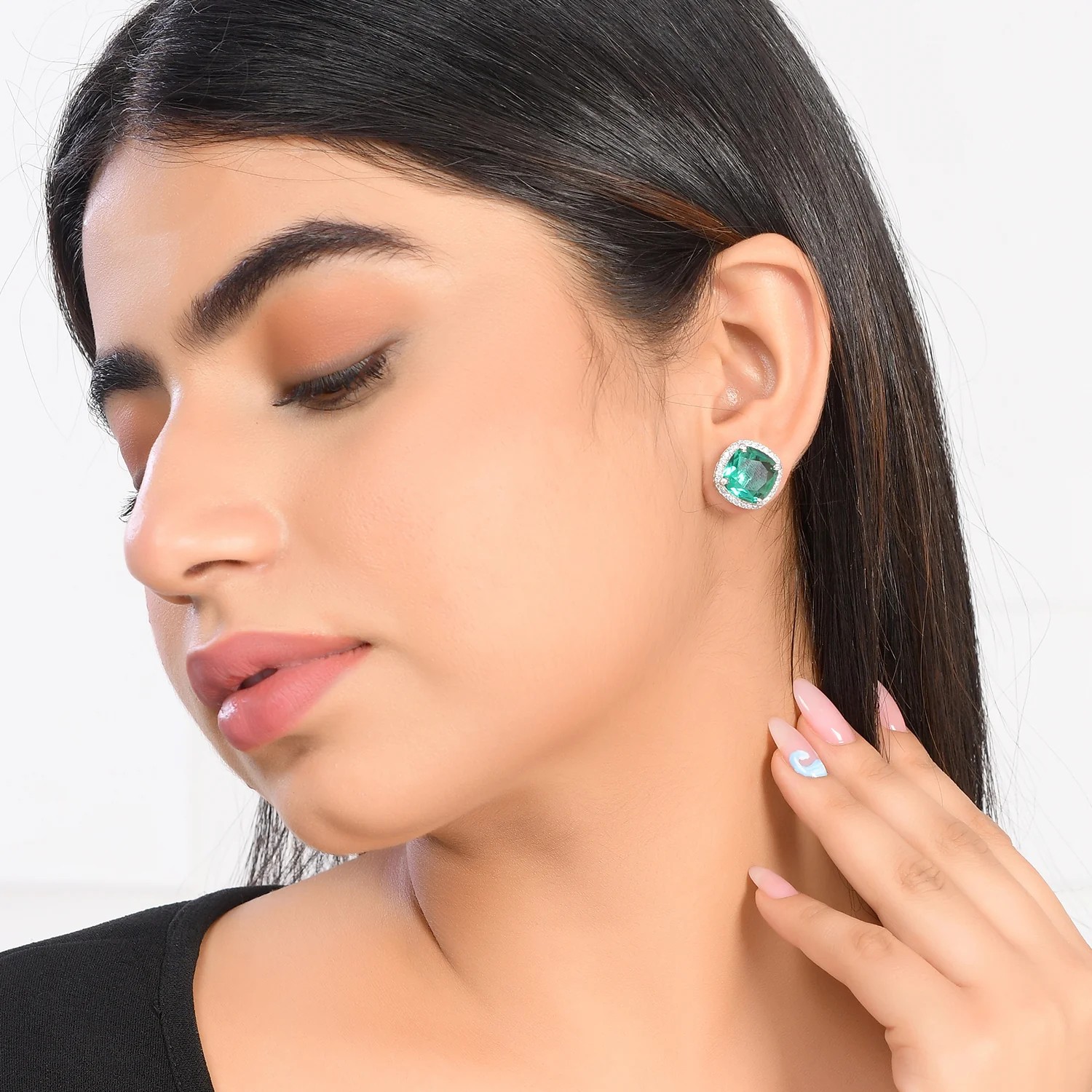 Sparkling Elegance Rectangle Cut Green Cz Stud Earrings - Image 2