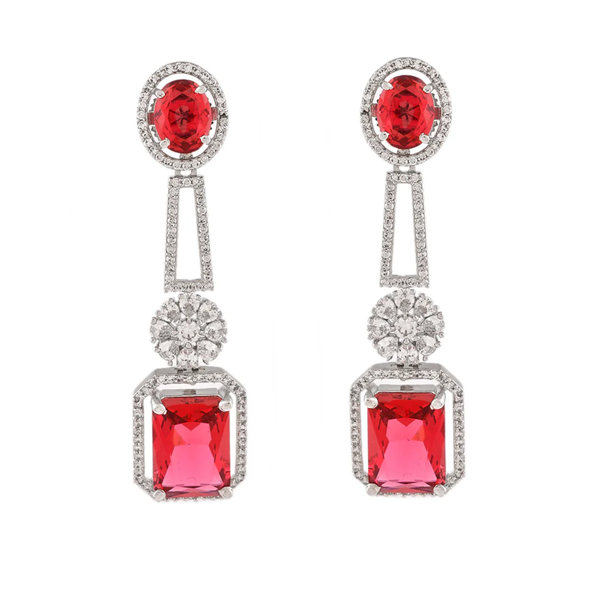 Sparkling Elegance Rectangle Cut Red CZ Dangler Earrings - Image 3