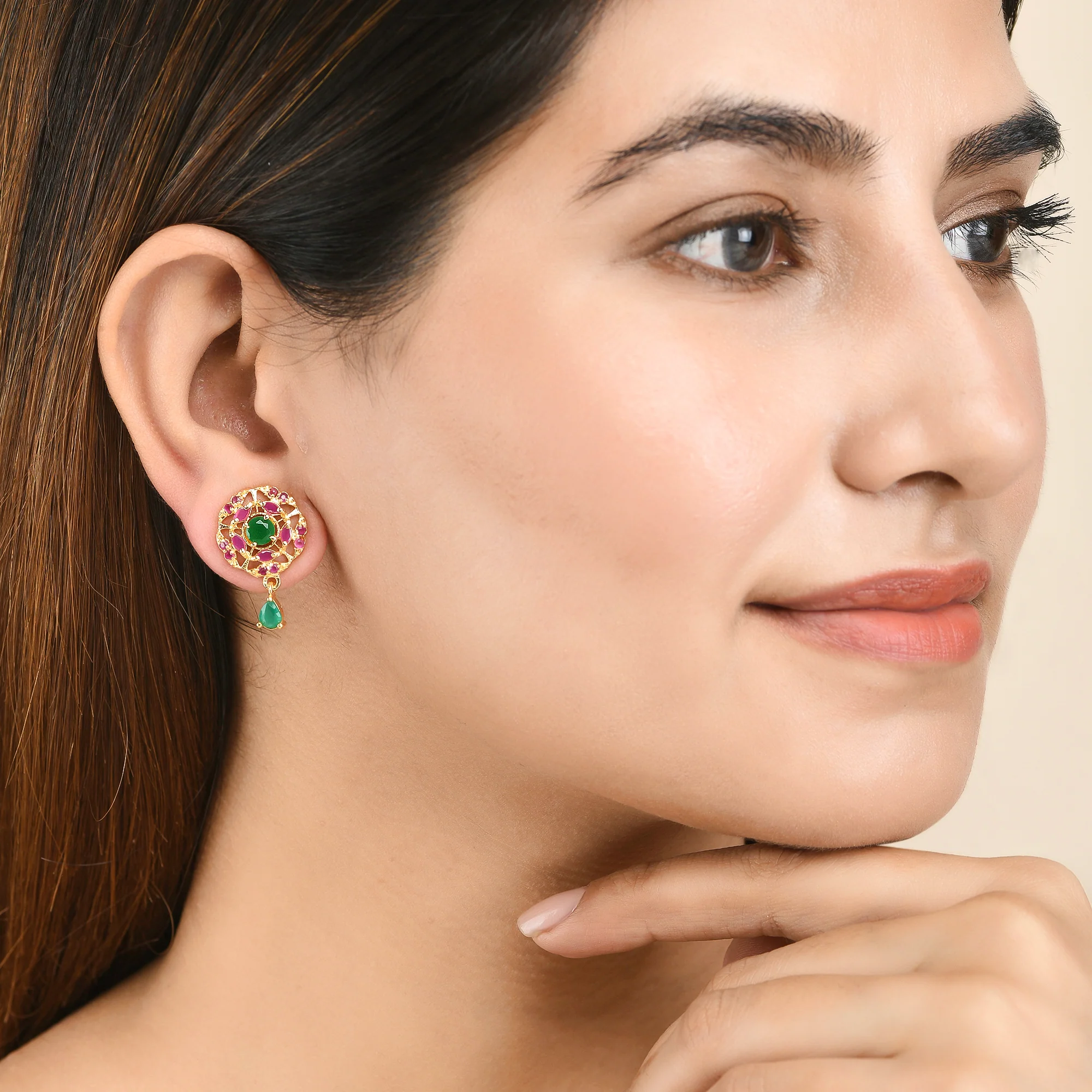 Sparkling Elegance Red and Green Zircons Teardrop Earrings - Image 2