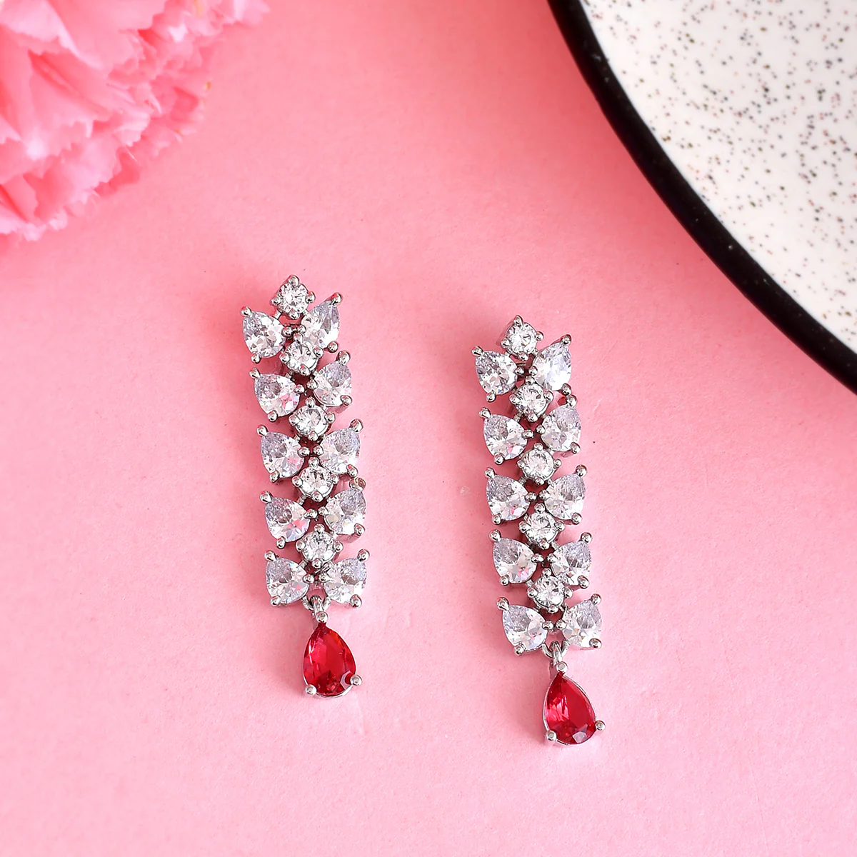 Sparkling Elegance Red and White CZ Dangler Earrings