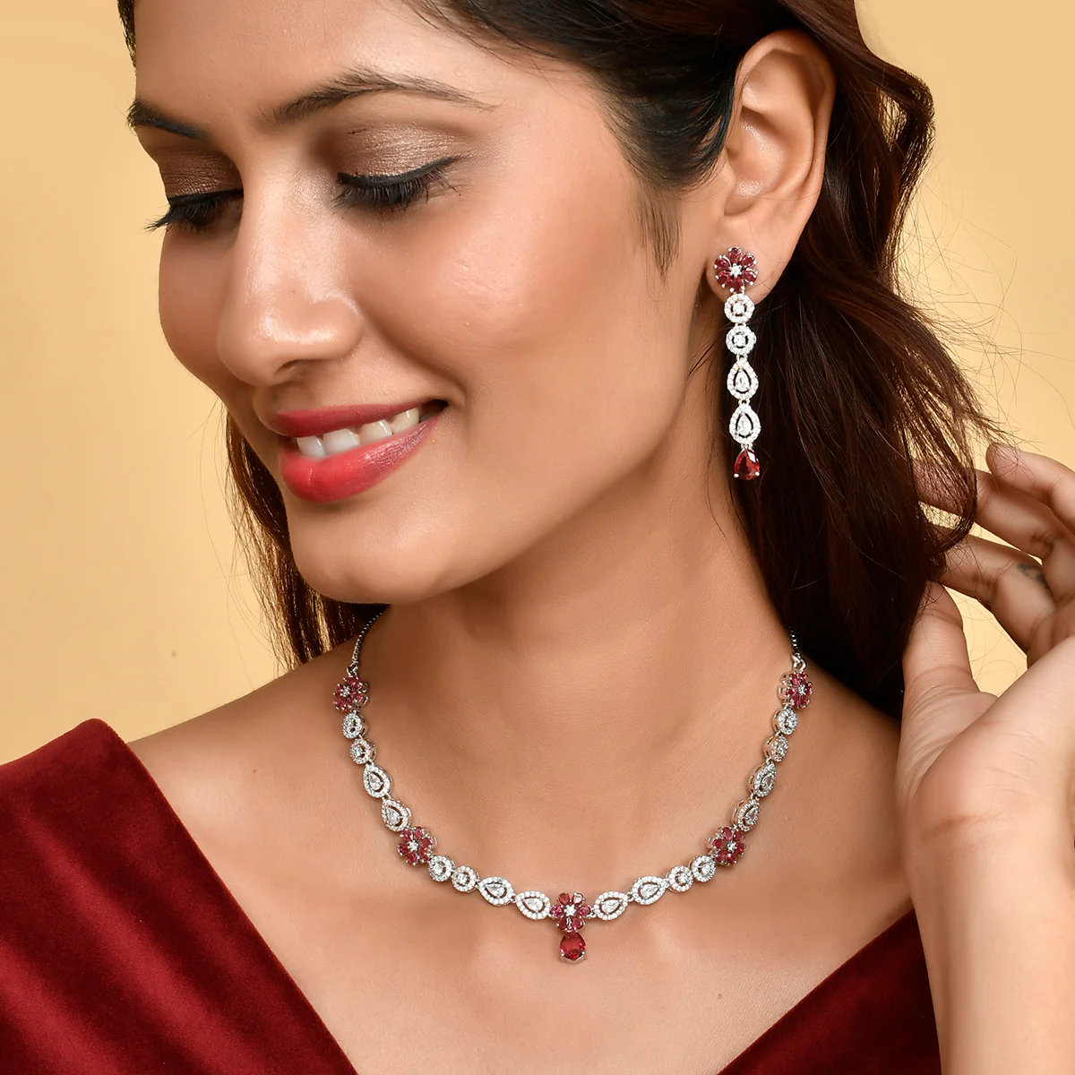 Sparkling Elegance Red and White CZ Floral Jewellery Set - Image 2