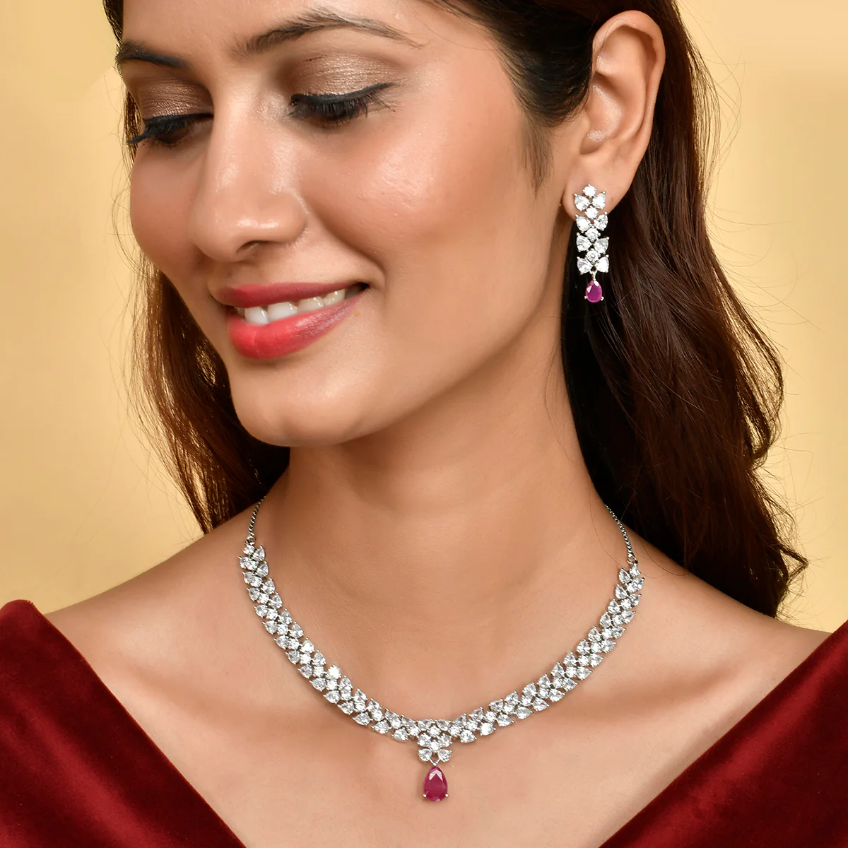 Sparkling Elegance Red and White CZ Jewellery Set - Image 2