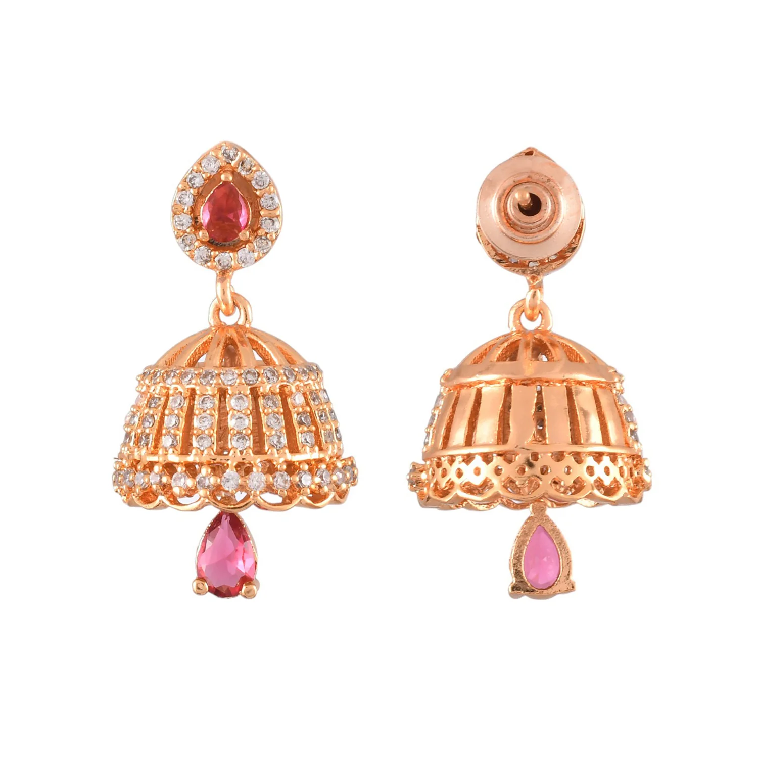 Sparkling Elegance Red And White Cz Jhumka Drop Earrings - Image 4