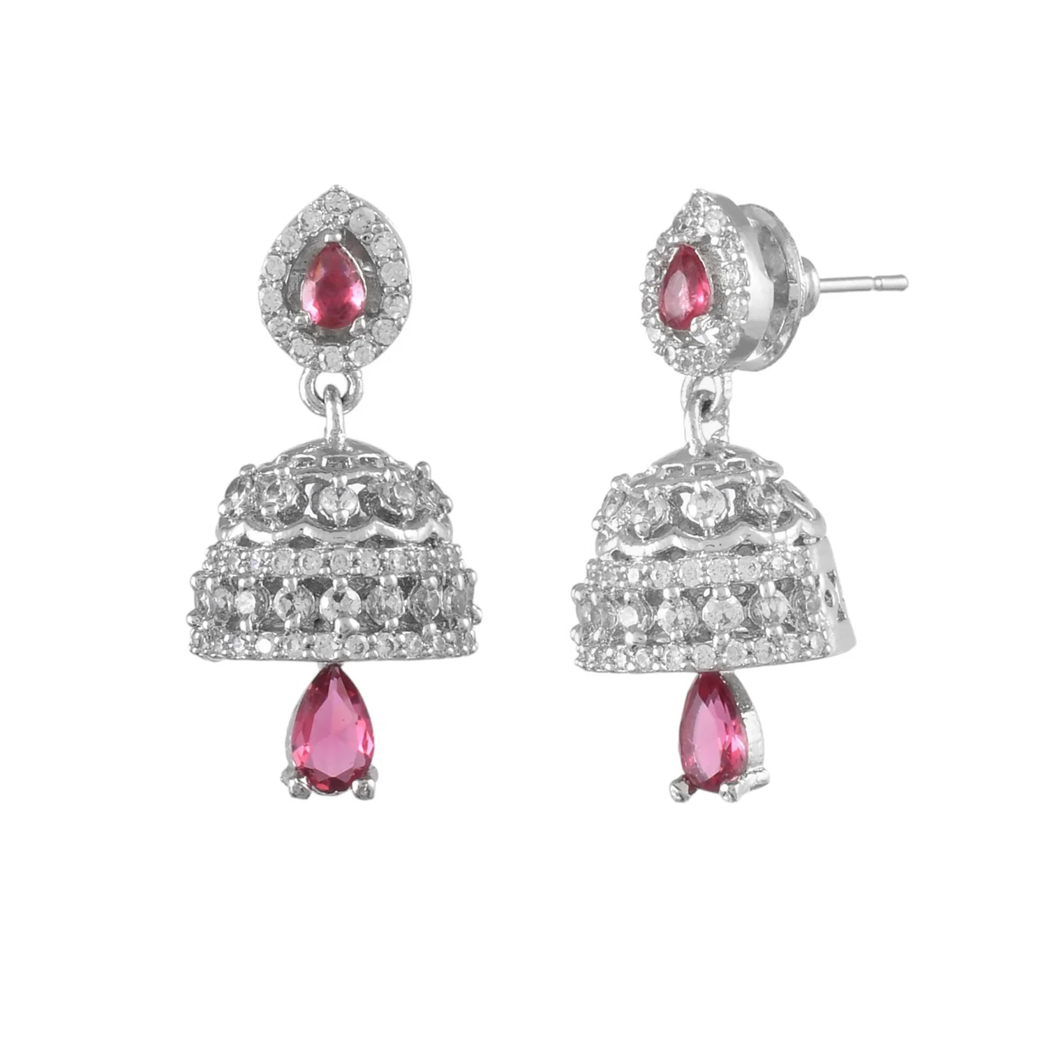 Sparkling Elegance Red And White Cz Jhumka Drop Earrings - Image 2