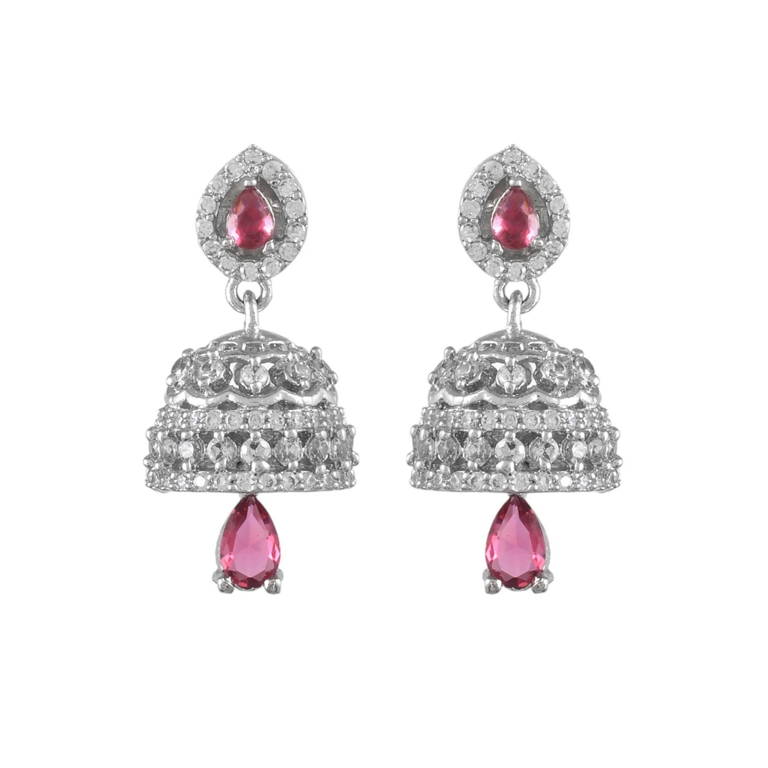 Sparkling Elegance Red And White Cz Jhumka Drop Earrings - Image 3