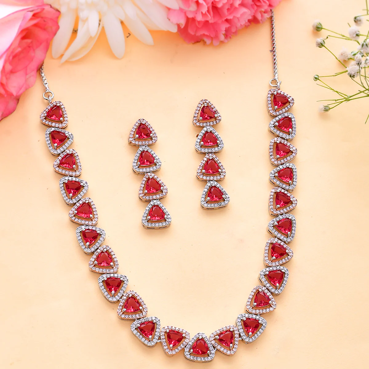 Sparkling Elegance Red and White Triangle Cut CZ Jewellery Set