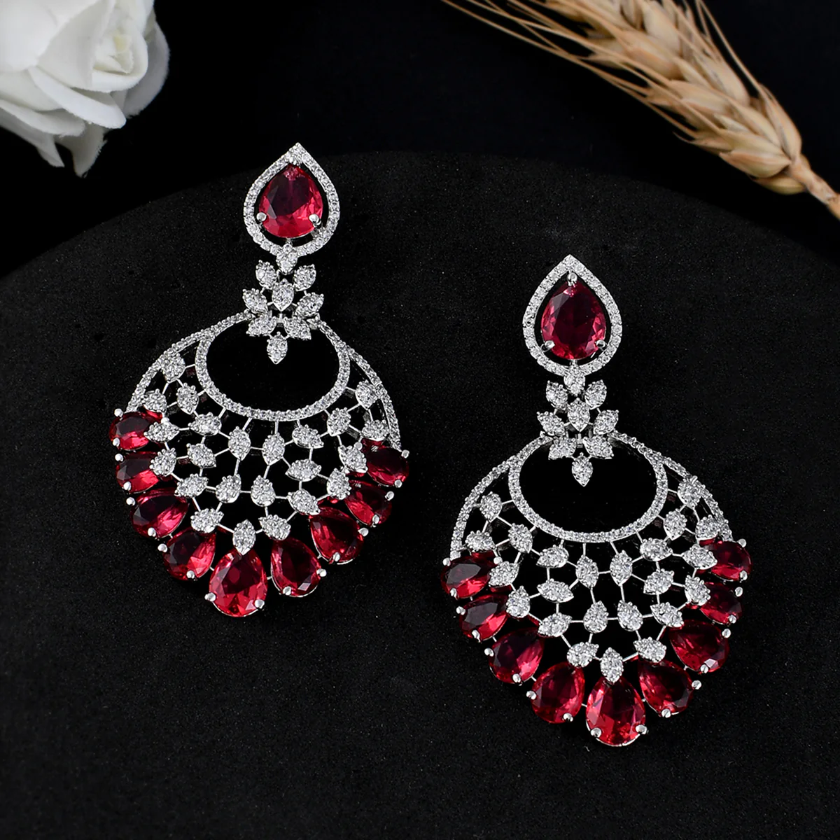 Sparkling Elegance Red Cz Studded Statement Earrings