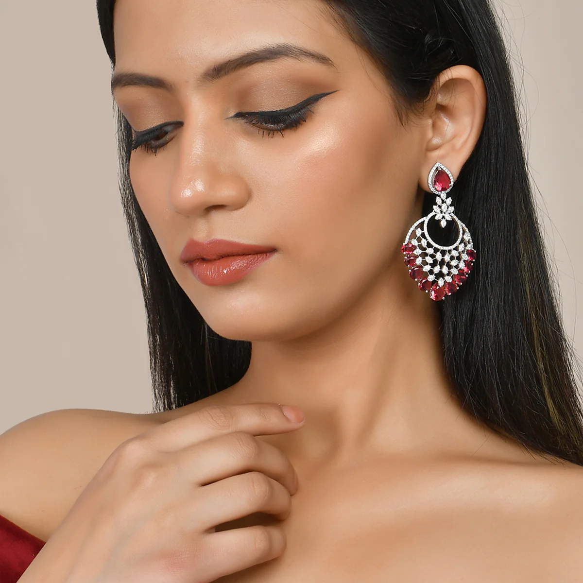 Sparkling Elegance Red Cz Studded Statement Earrings - Image 2