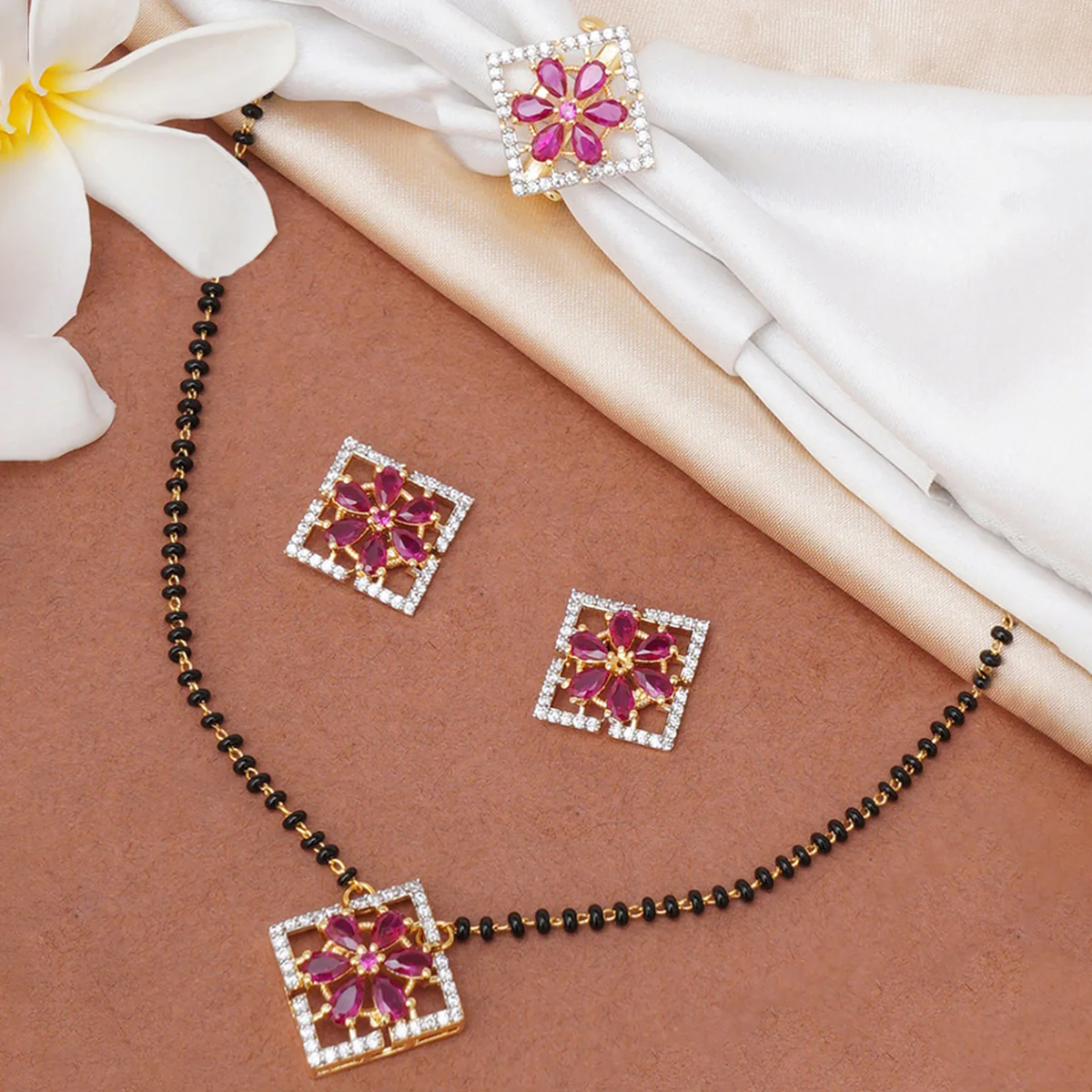 Sparkling Elegance Red Zirconia Gemstones Mangalsutra Set