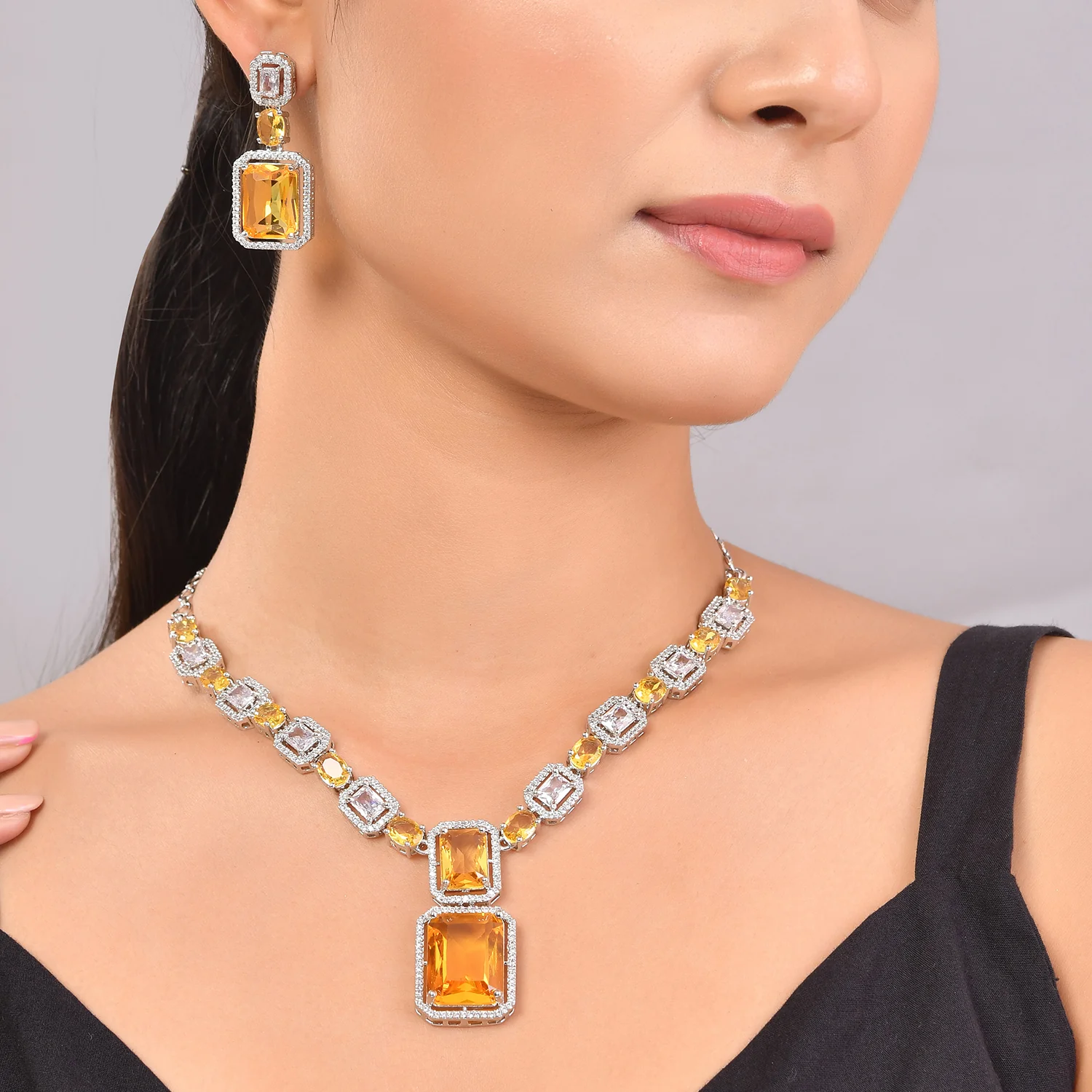 Sparkling Elegance Regal Cascade American Diamond Necklace Set - Image 2