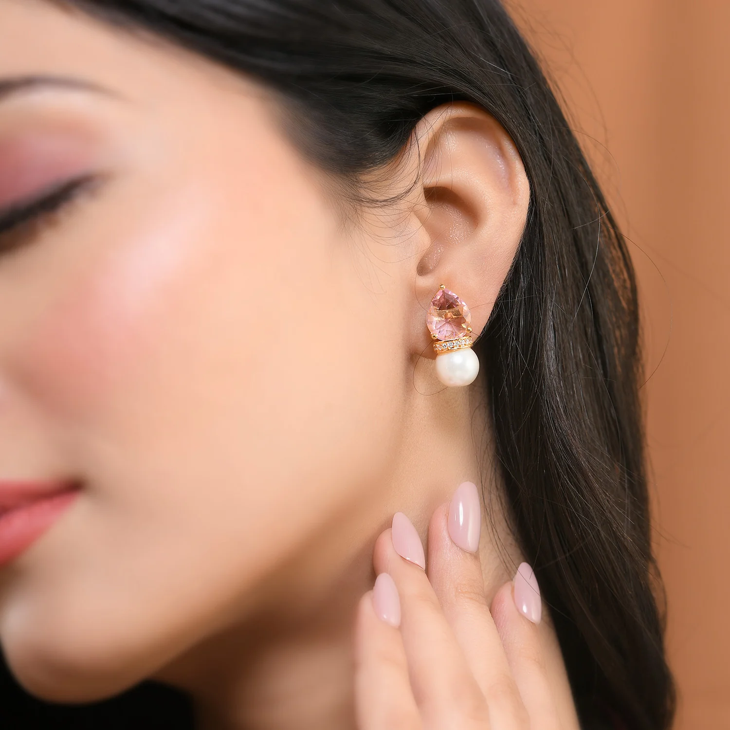 Sparkling Elegance Regal Radiance American Diamond Pearl Earrings - Image 2