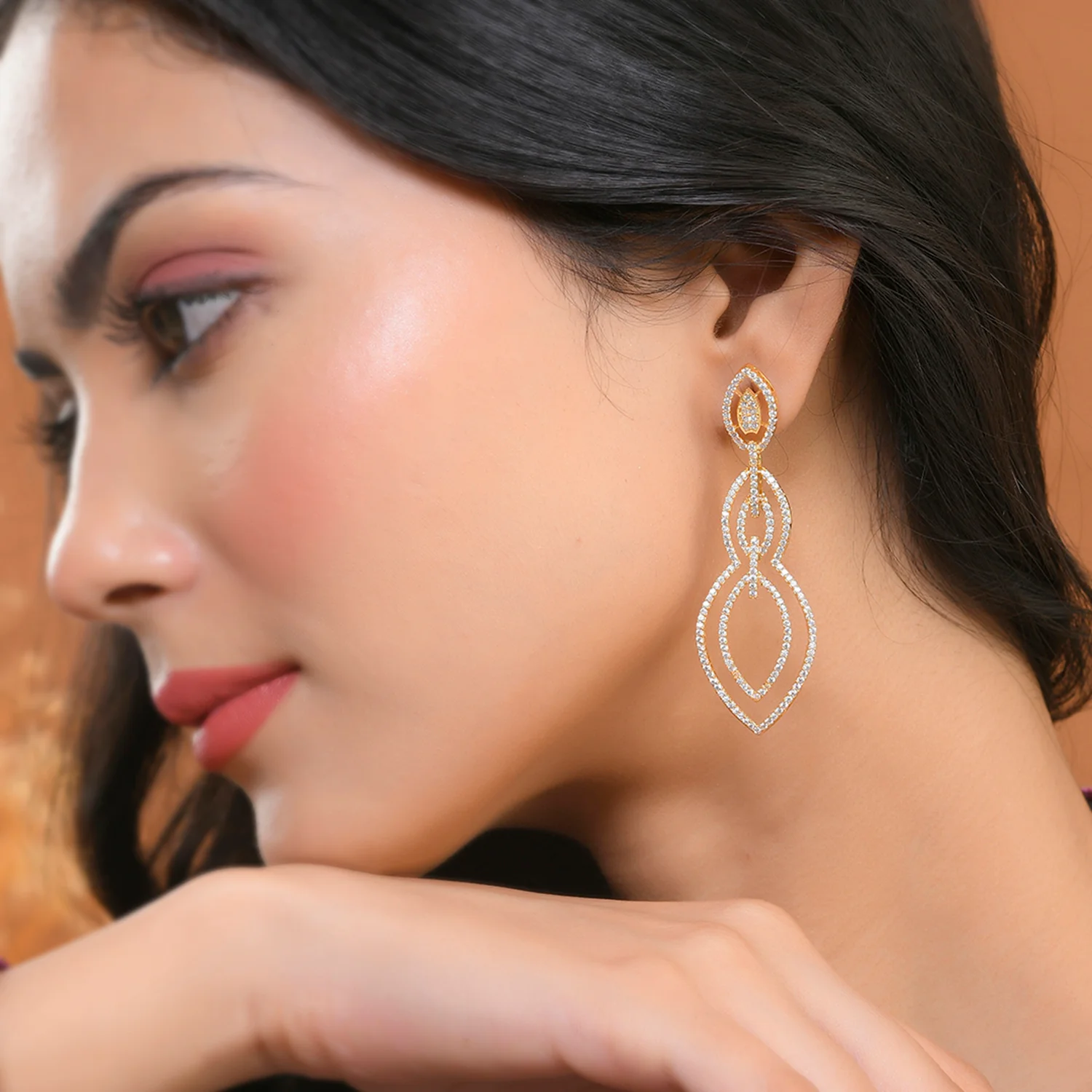 Sparkling Elegance Regal Teardrop American Diamond Gold Dangler Earrings - Image 2