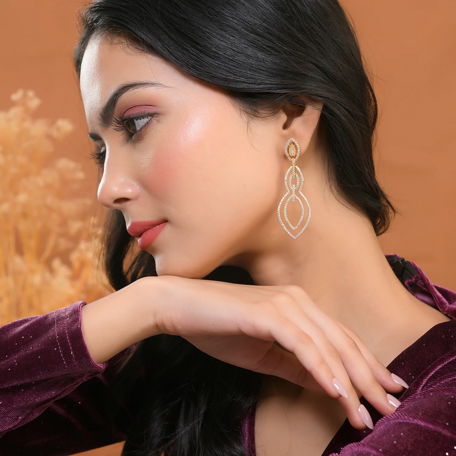 Sparkling Elegance Regal Teardrop American Diamond Gold Dangler Earrings - Image 3
