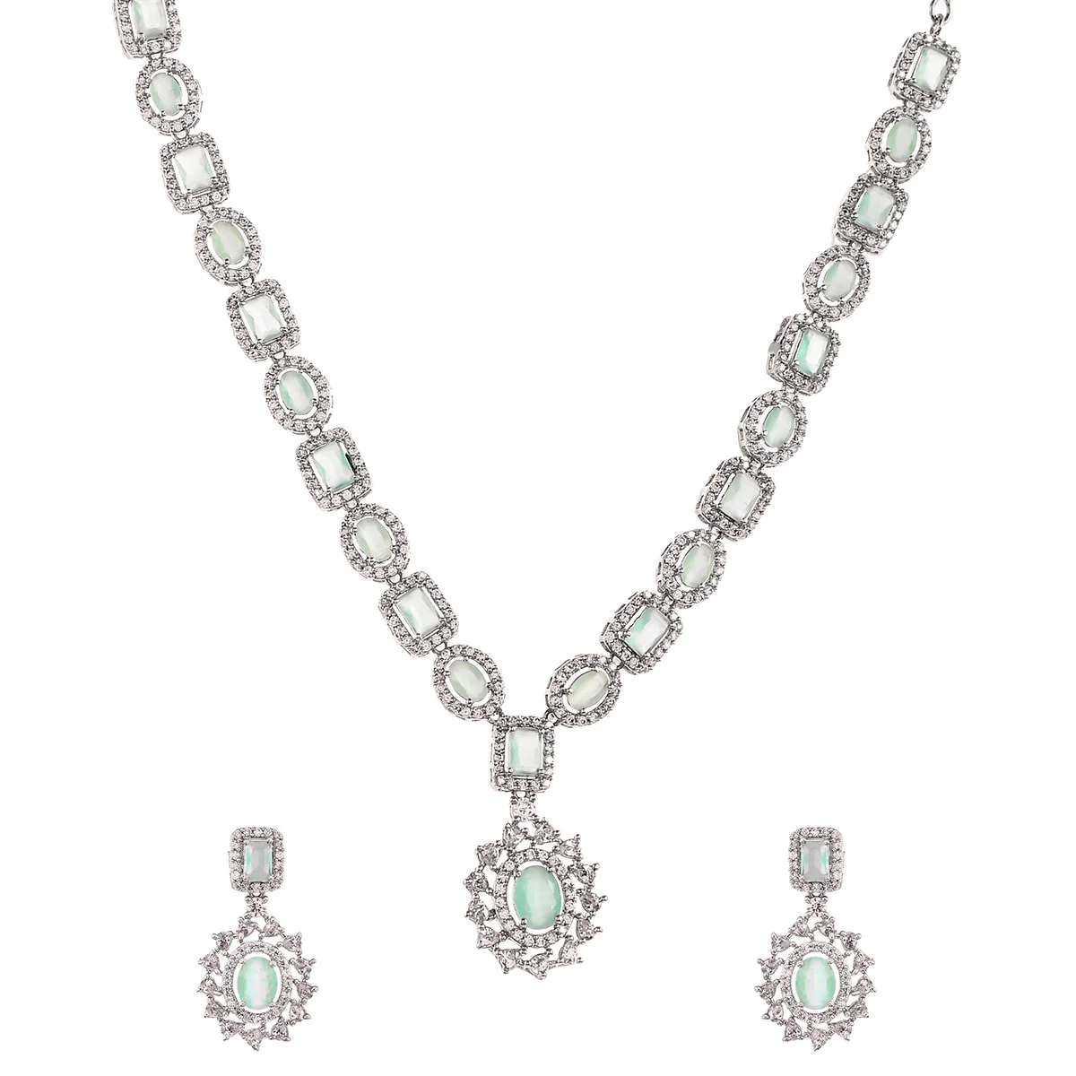 Sparkling Elegance Round and Emerald Cut CZ Silver Plated Brass Jewellery Set - Image 4