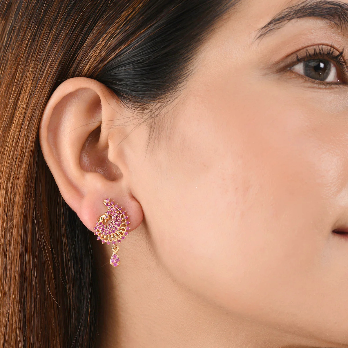 Sparkling Elegance Round Cut CZ Adorned Brass Paisley Gold Plated Earrings - Image 2