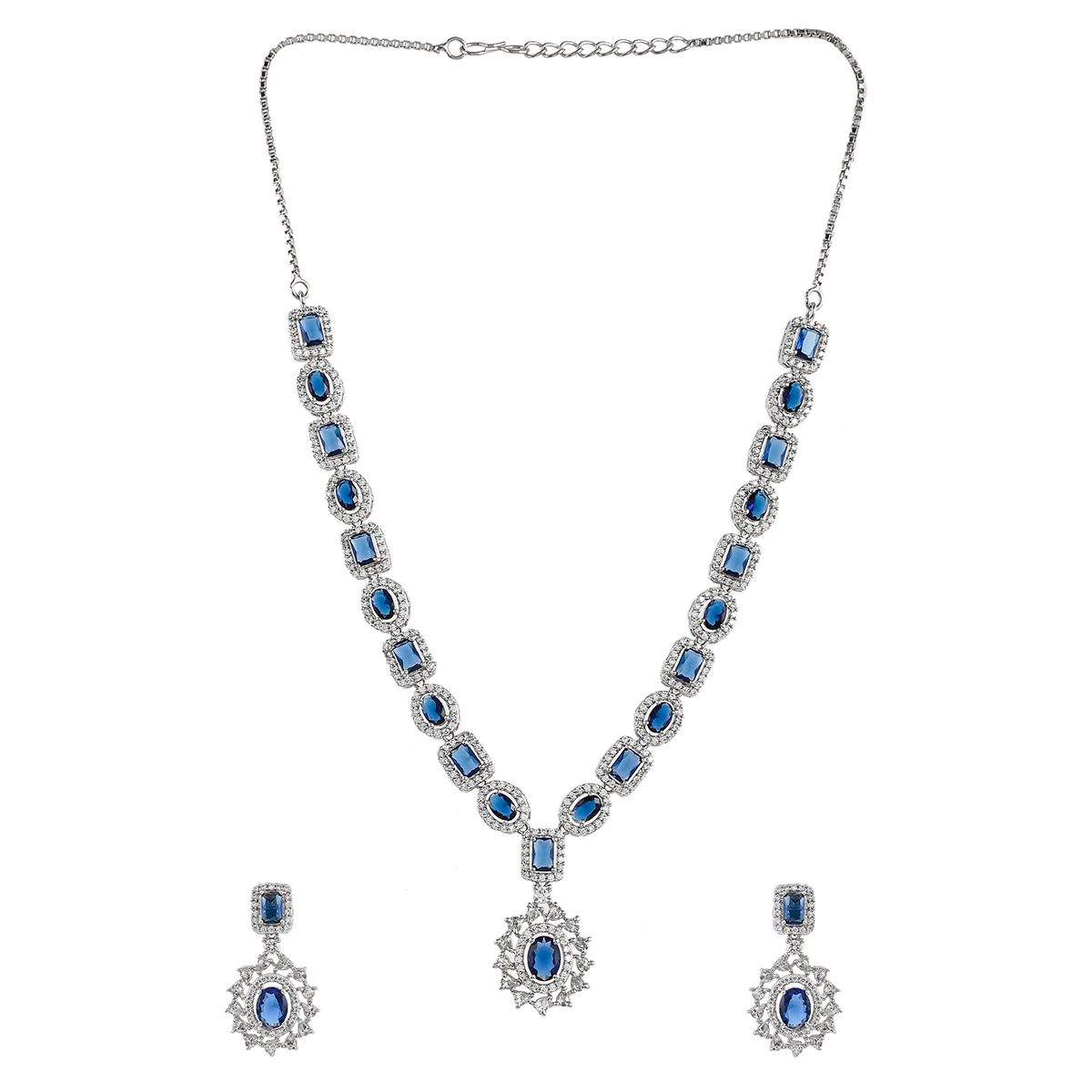 Sparkling Elegance Royal Blue and White CZ Brass Silver Plated Jewellery Set - Image 3