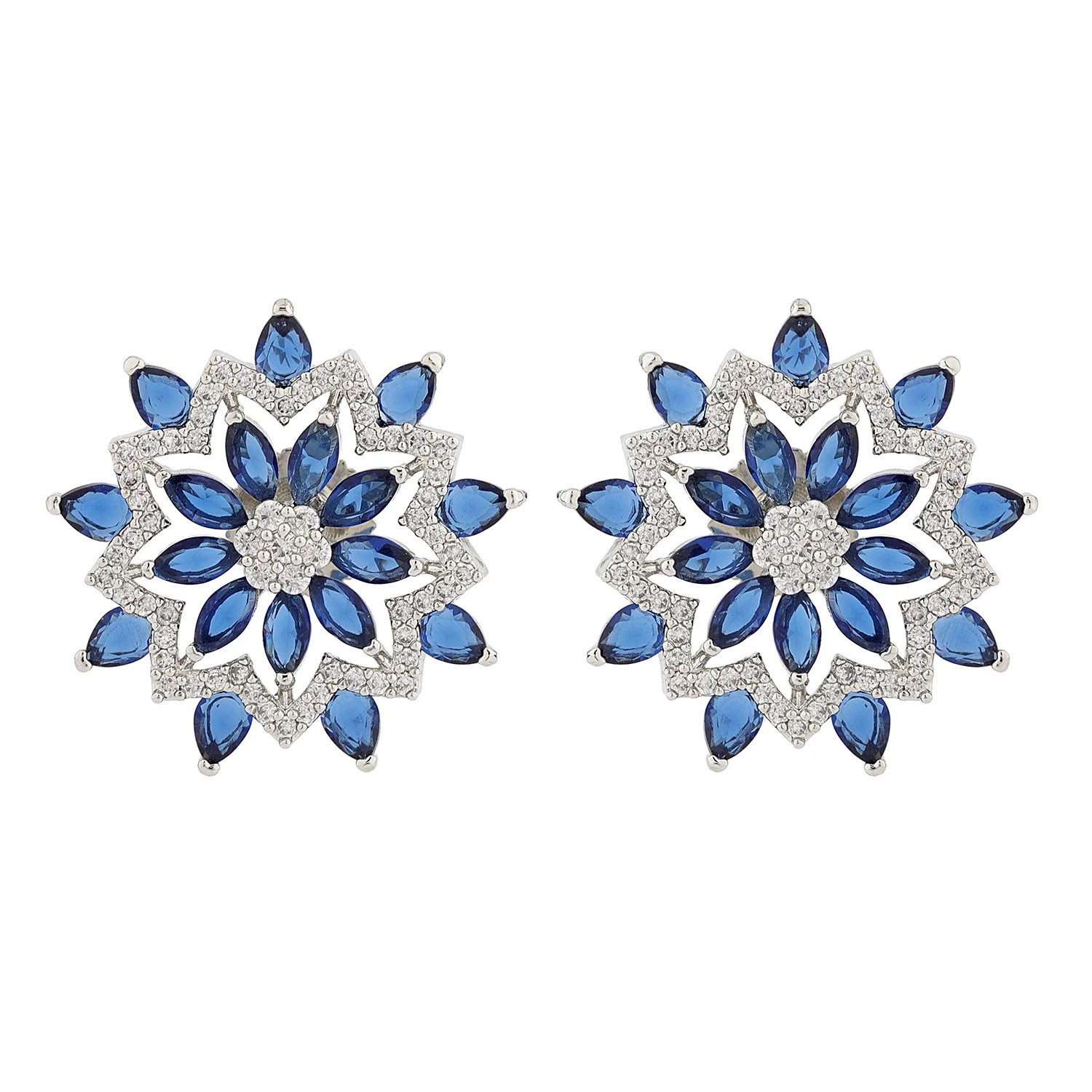 Sparkling Elegance Royal Blue Blossom Stud Earrings - Image 4