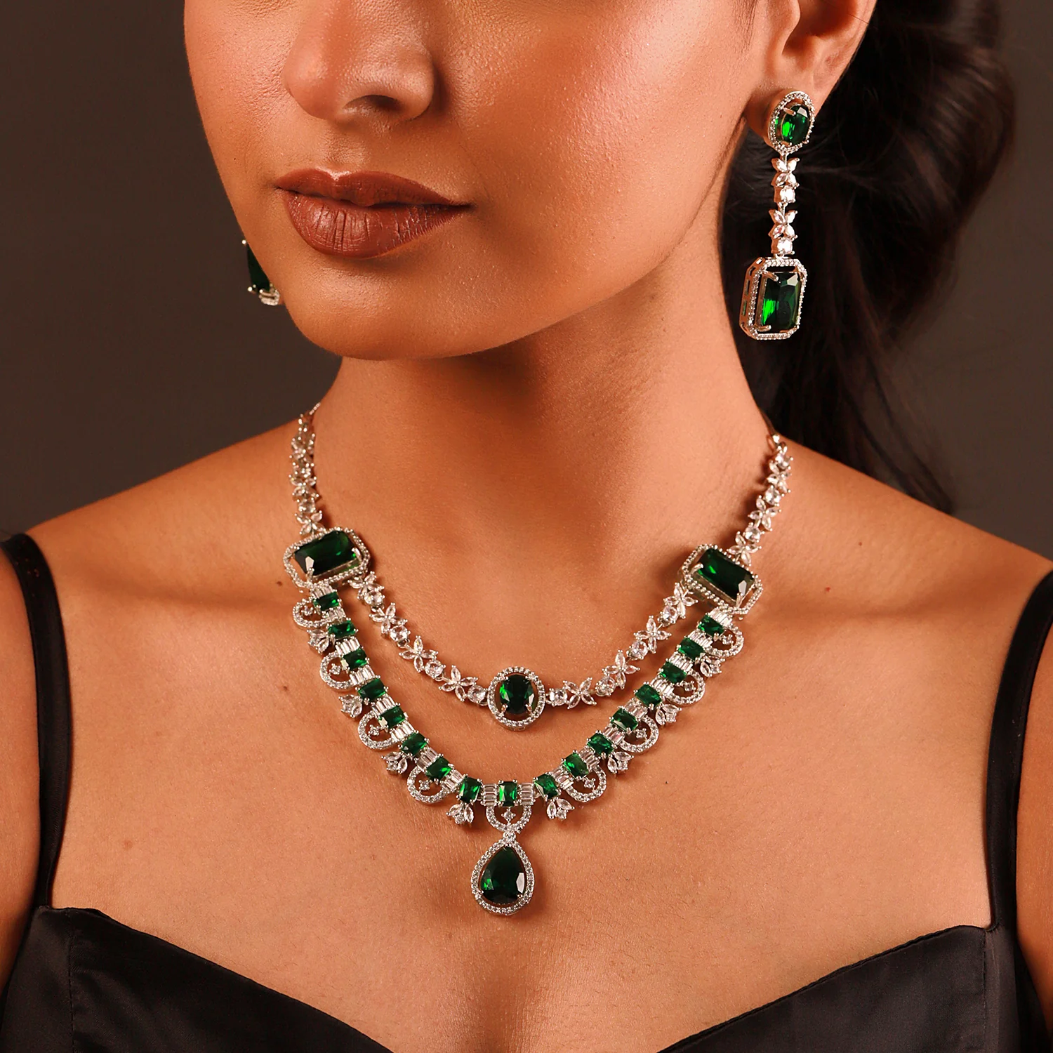 Sparkling Elegance Royal Emerald Aura Cz Necklace Set - Image 2