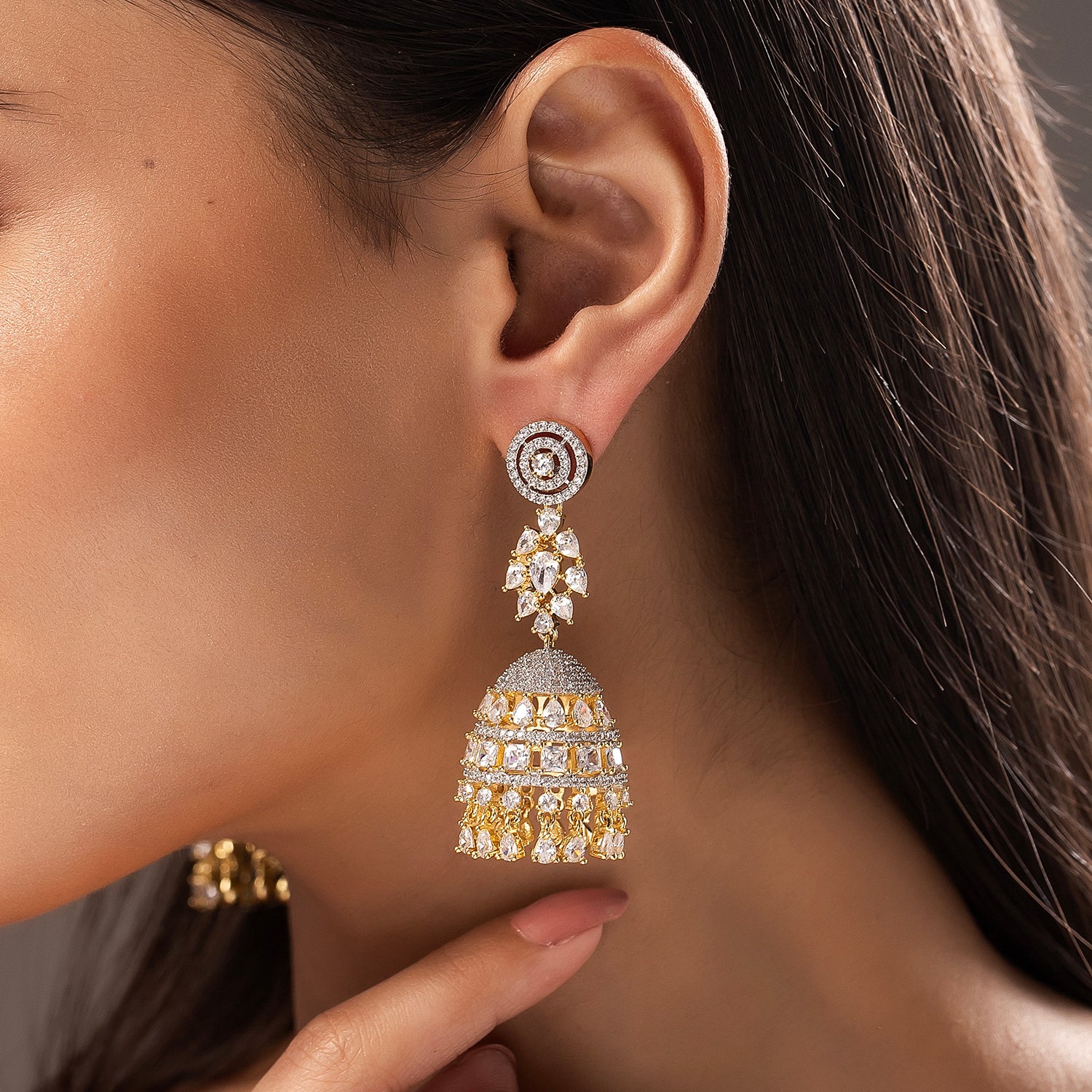 Sparkling Elegance Royal Noor Mahal American Diamond Jhumki Earrings - Image 2
