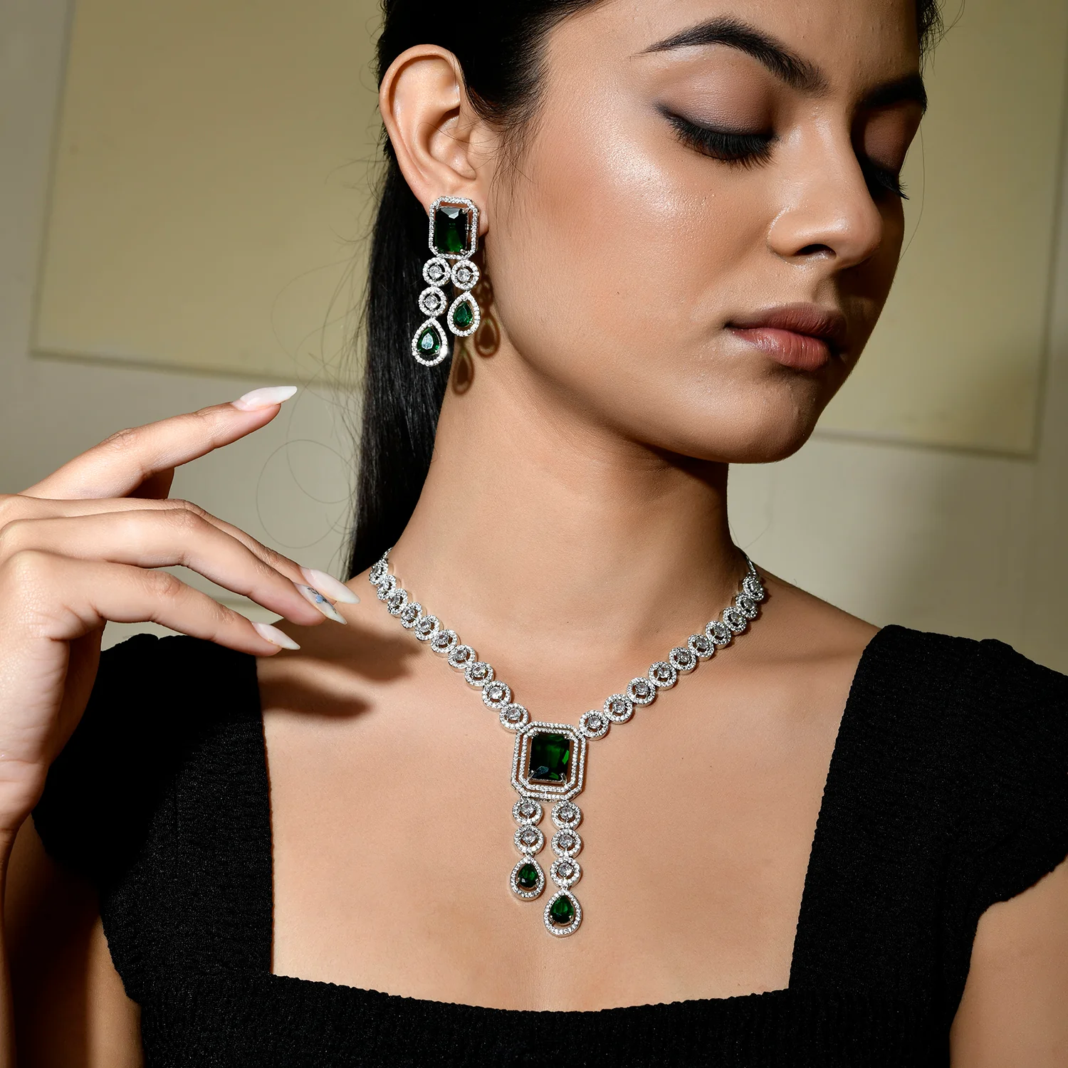 Sparkling Elegance Royal Radiance Green American Diamond Necklace Set - Image 2