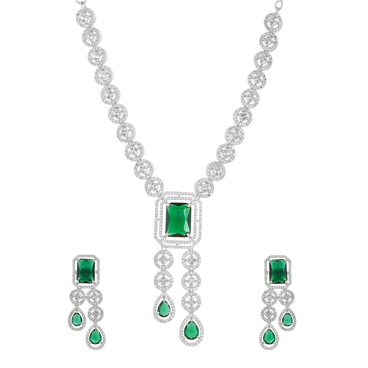 Sparkling Elegance Royal Radiance Green American Diamond Necklace Set - Image 3