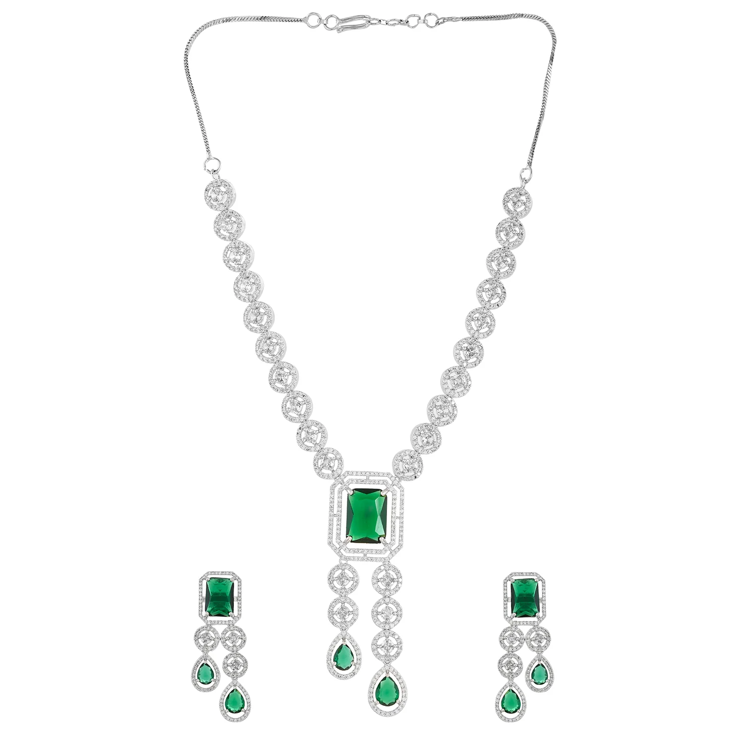 Sparkling Elegance Royal Radiance Green American Diamond Necklace Set - Image 4
