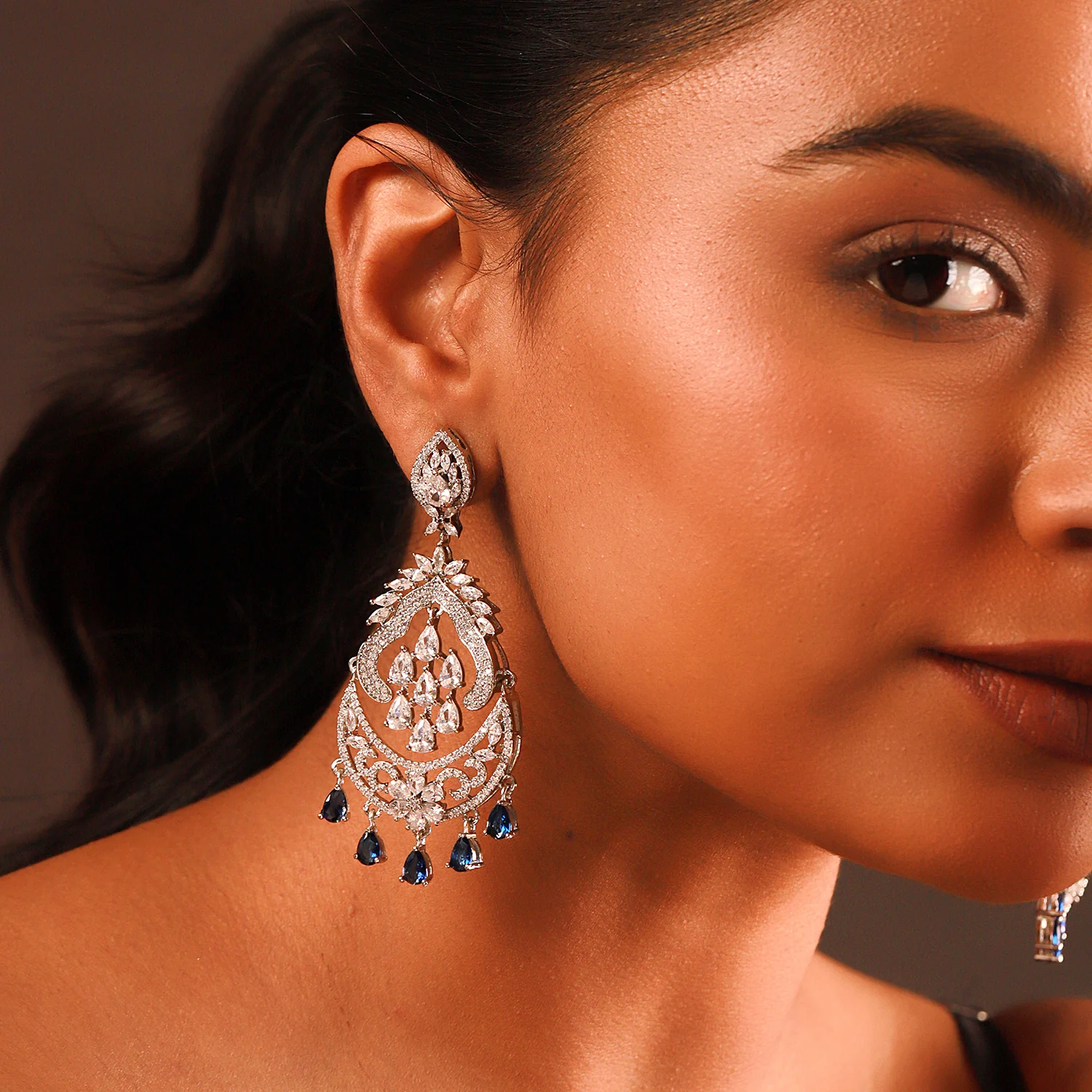 Sparkling Elegance Royal Sapphire American Diamond Dangler Earrings - Image 8