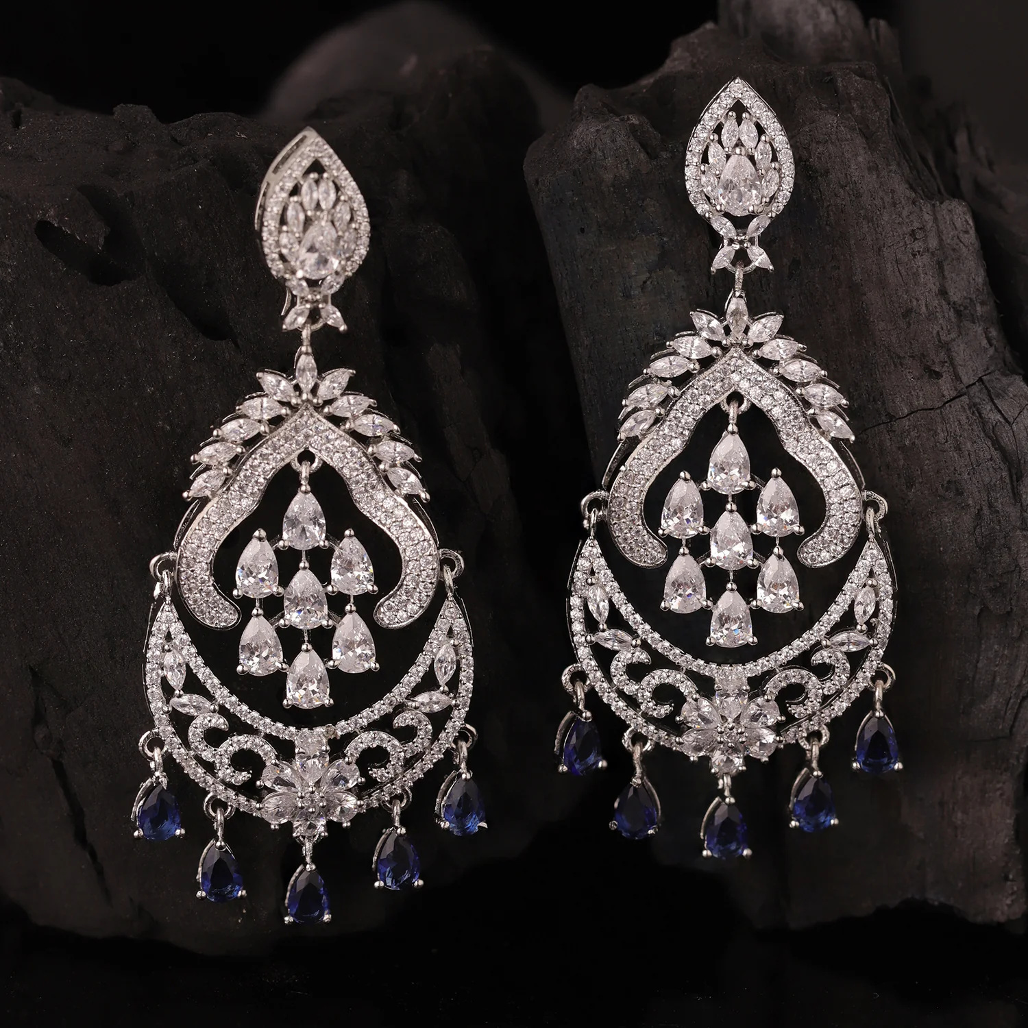 Sparkling Elegance Royal Sapphire American Diamond Dangler Earrings - Image 9