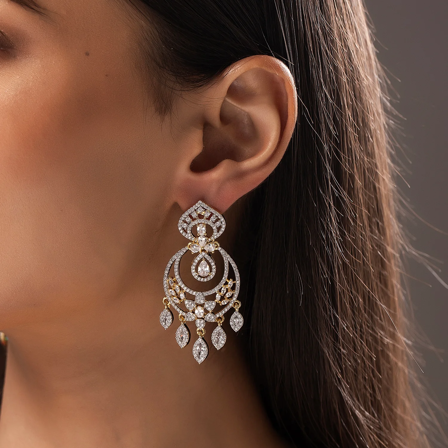 Sparkling Elegance Royal Shagun American Diamond Chandbali Earrings - Image 2