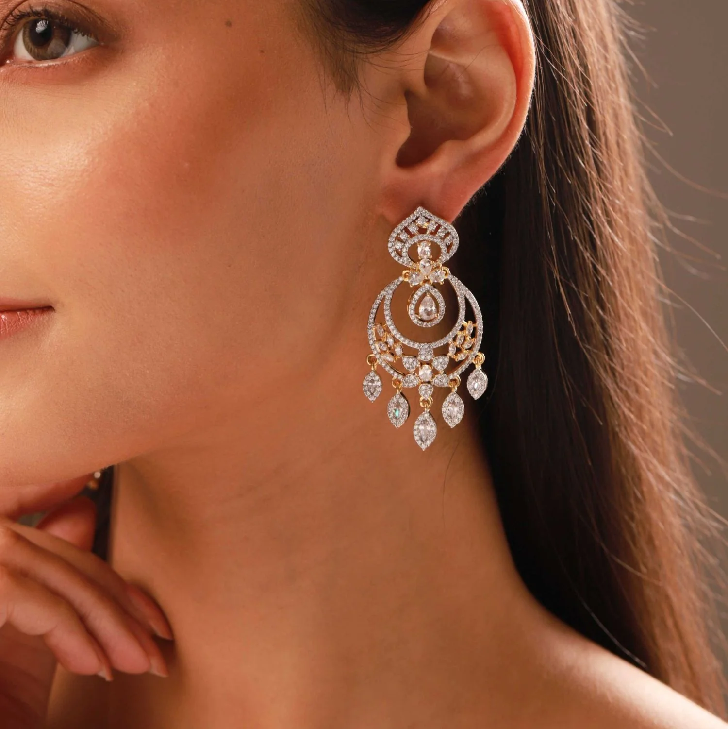 Sparkling Elegance Royal Shagun American Diamond Chandbali Earrings - Image 3